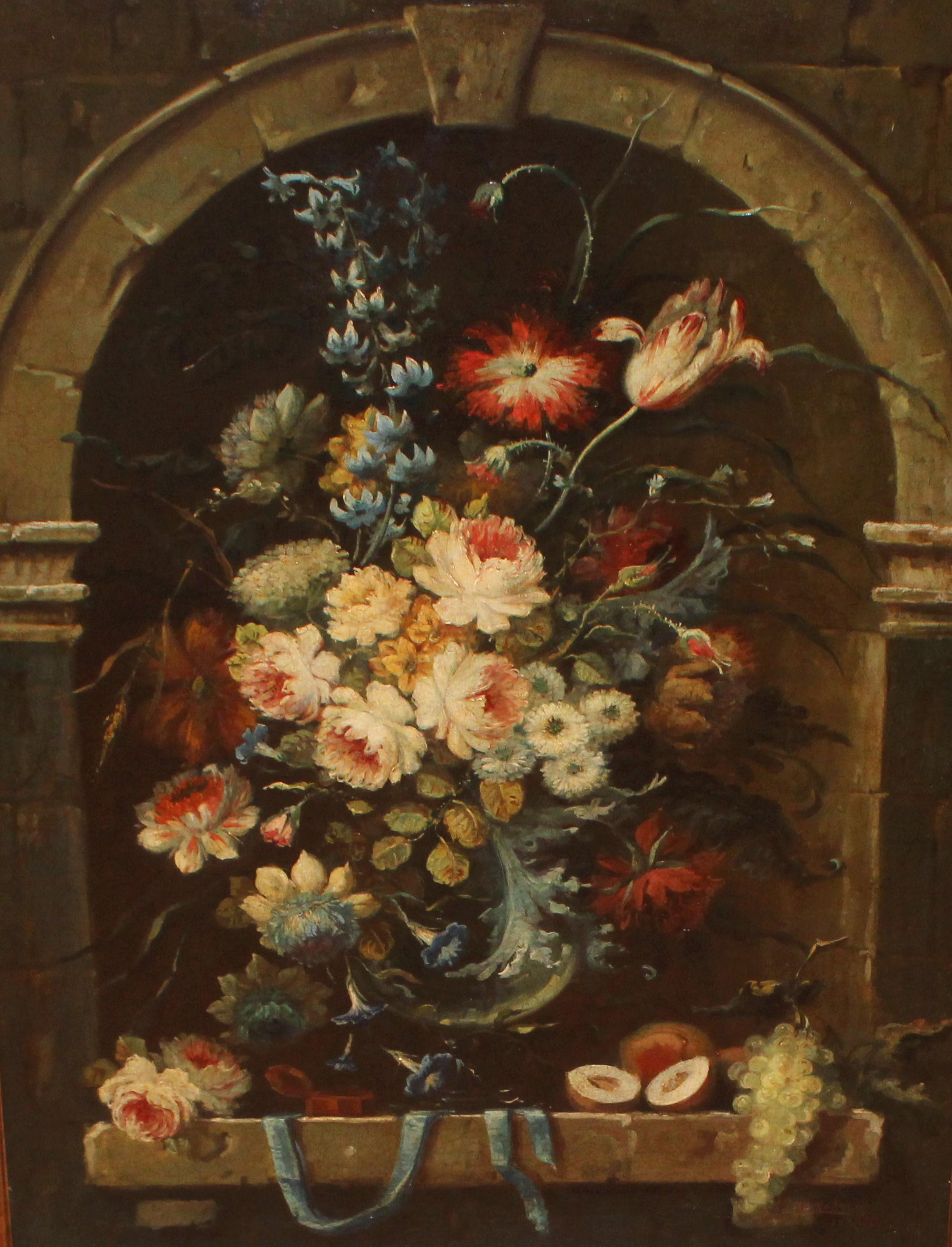 Bouquet dans un décor architectural - Huile sur toile - Encadrement
