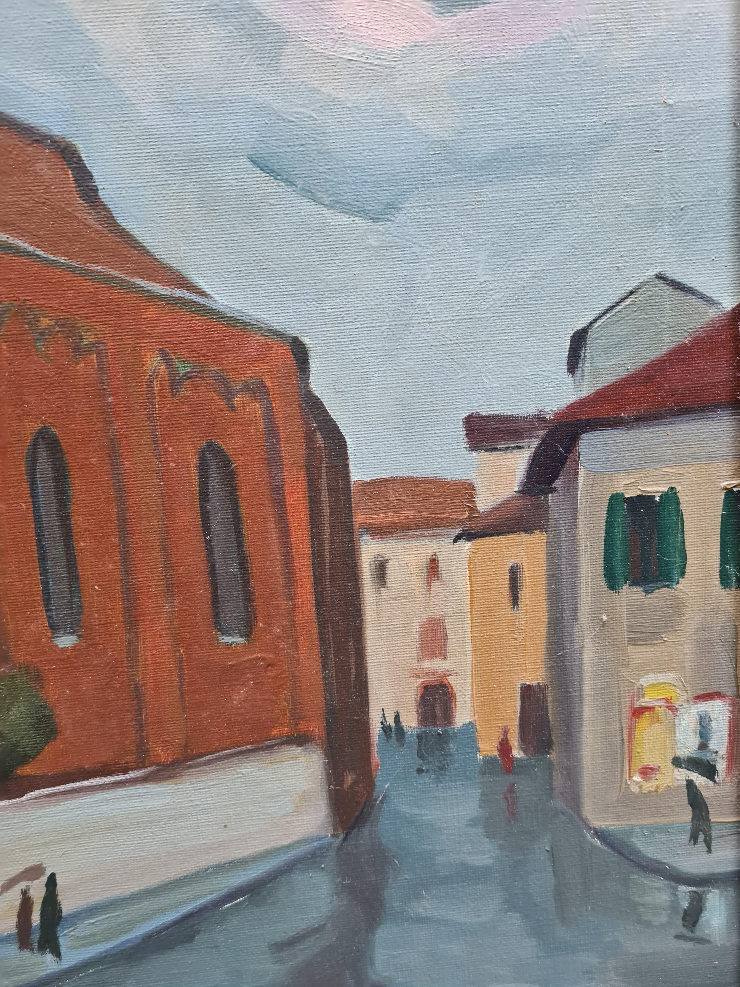 Pluie a Prato, scène de rue en Toscane, Italie - Gris Landscape Painting par Jan Day