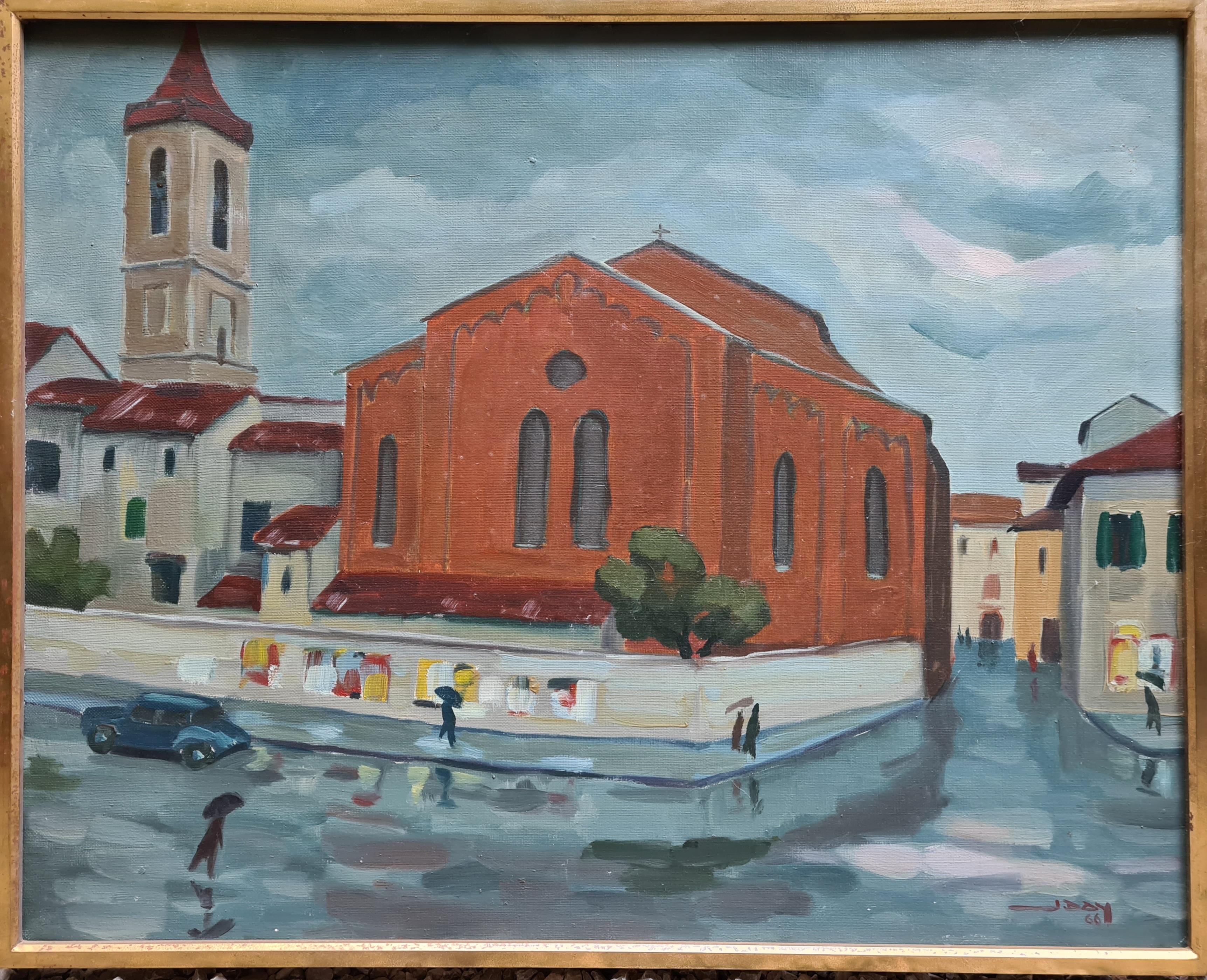 Jan Day Landscape Painting - Pluie a Prato, Street Scene in Tuscany, Italy