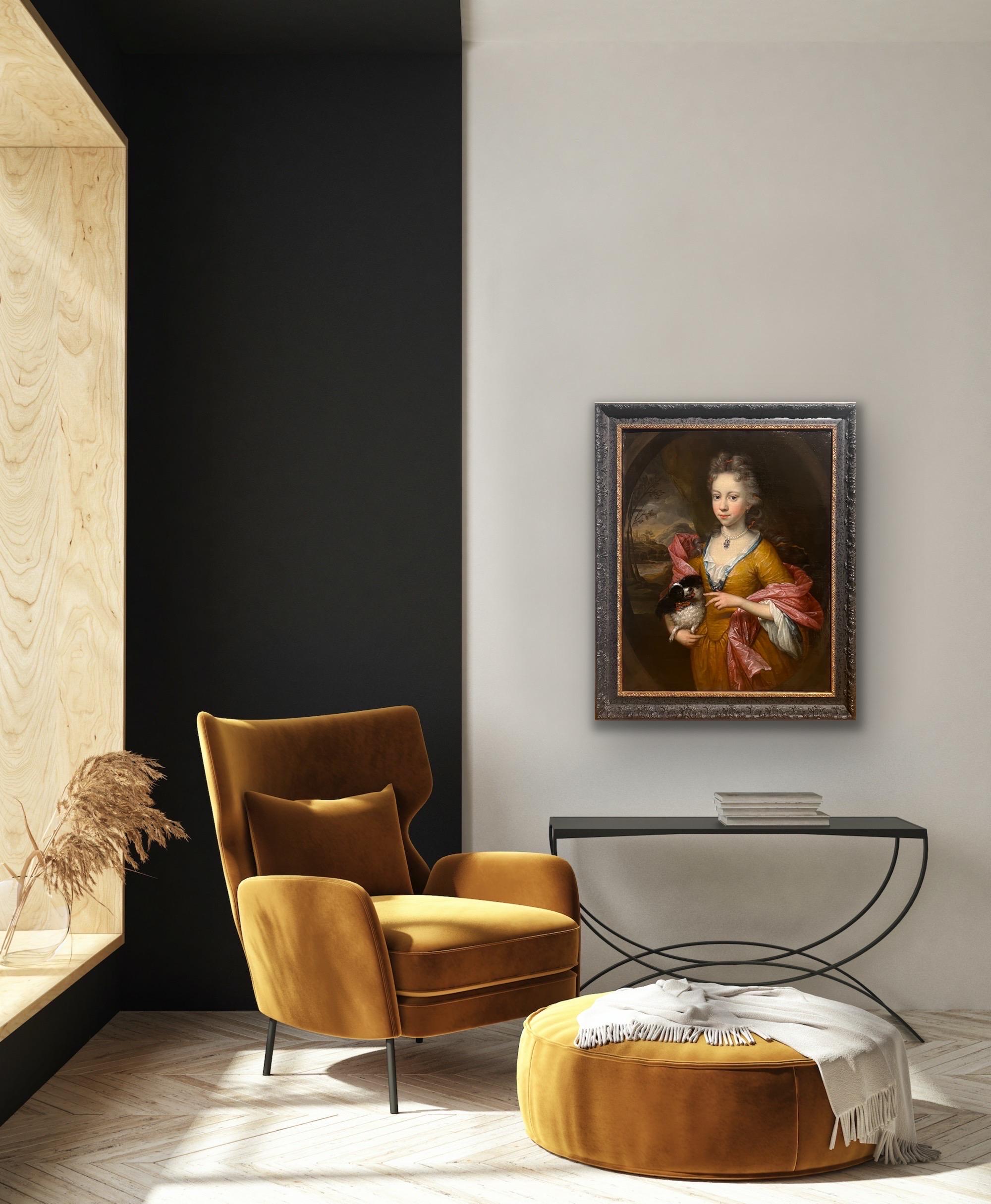 17th century Dutch Old Master Portrait Painting of a girl with a dog 11