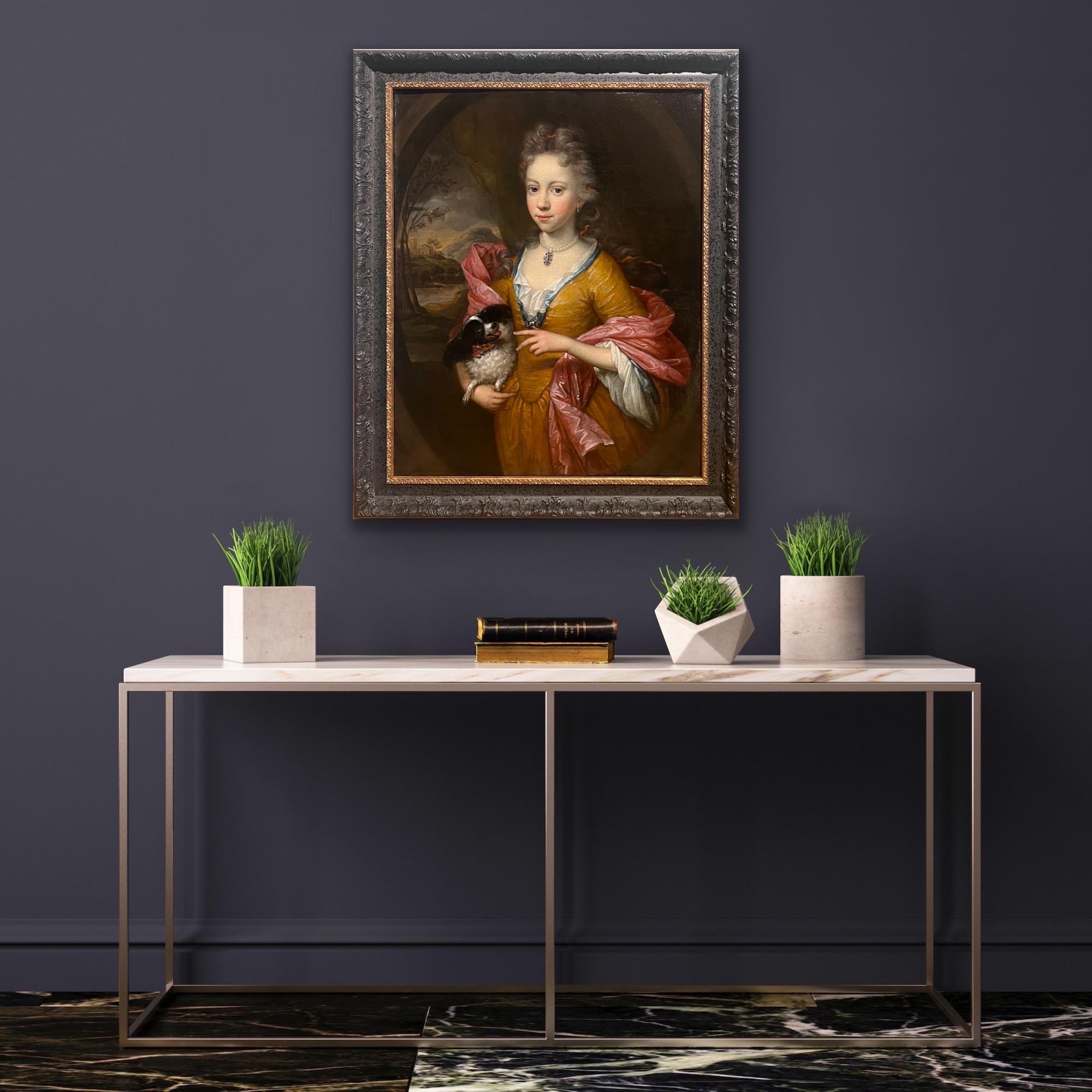 17th century Dutch Old Master Portrait Painting of a girl with a dog 12