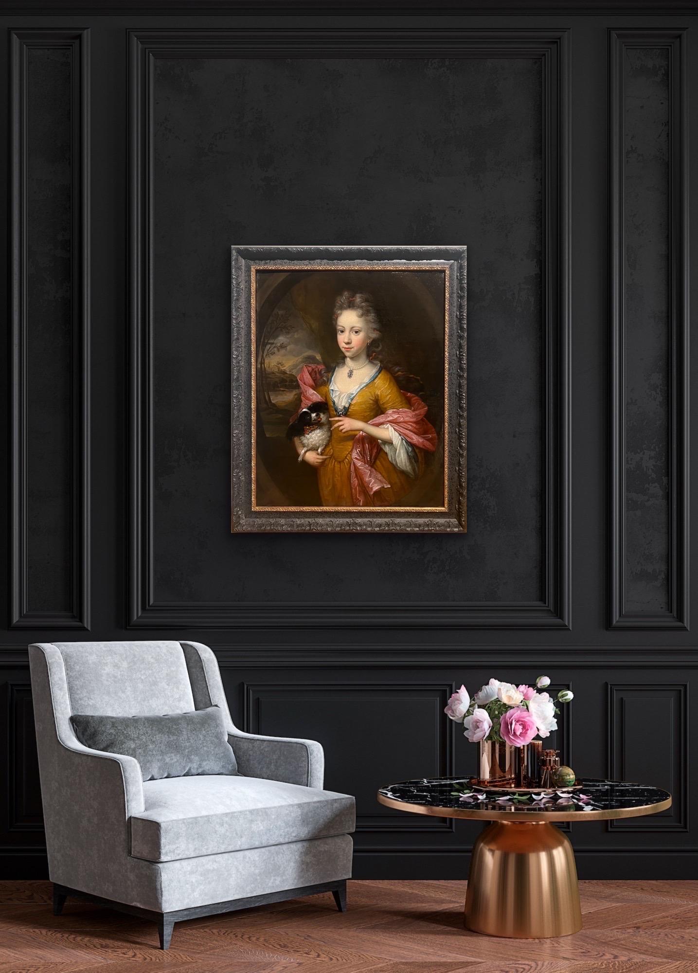 17th century Dutch Old Master Portrait Painting of a girl with a dog 2