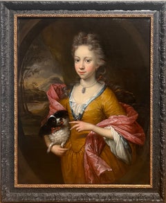 17th century Dutch Old Master Portrait Painting of a girl with a dog