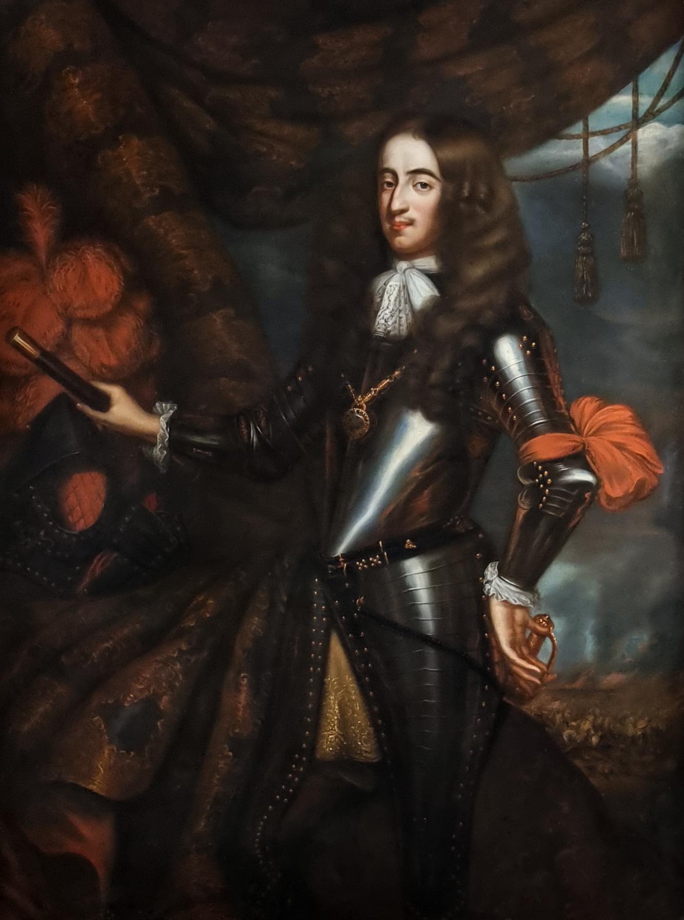 Portrait of King William III in Armour, a Battle in the Distance, oil on canvas - Old Masters Painting by Jan de Baen