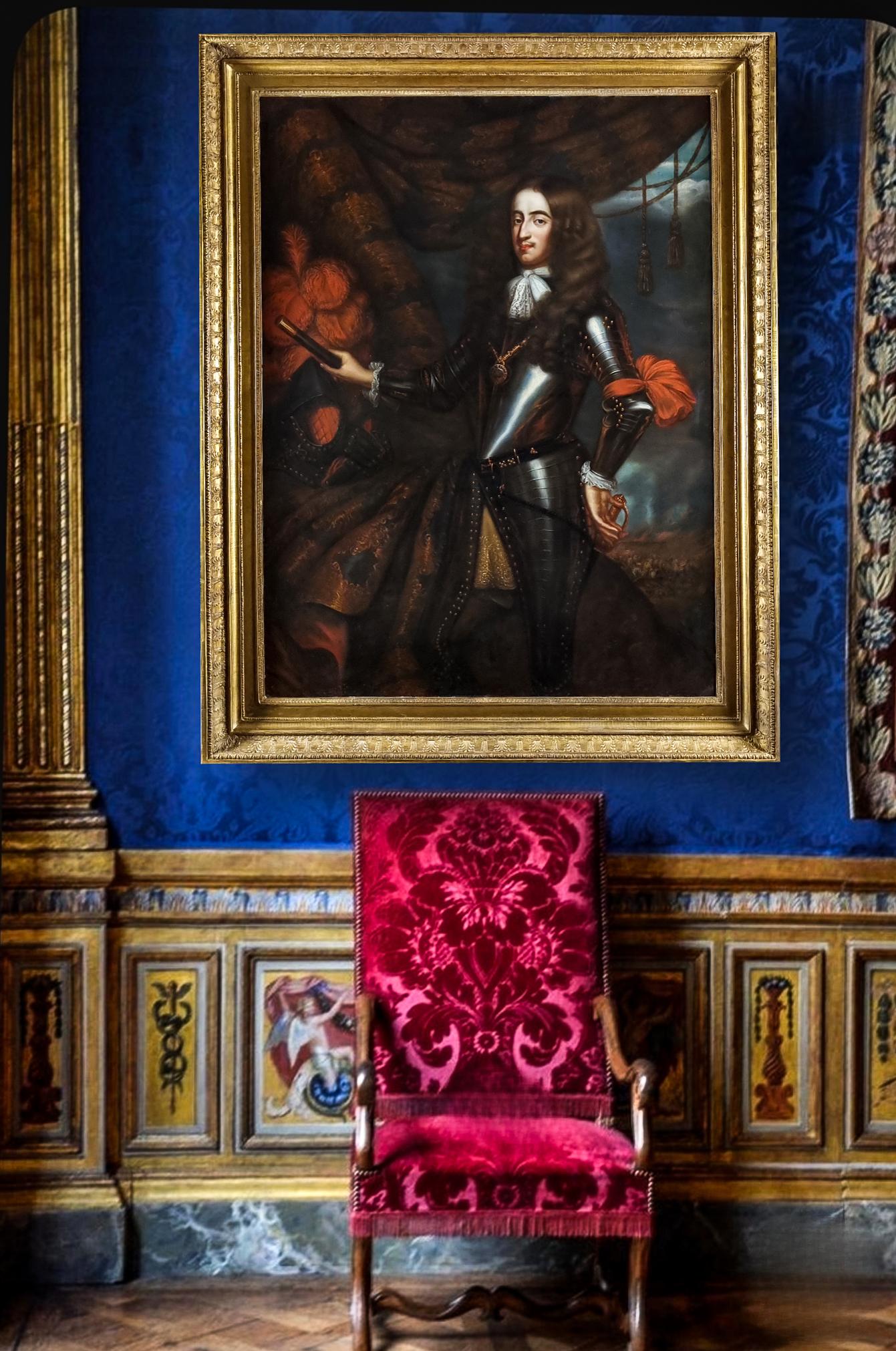 Jan de Baen Portrait Painting - Portrait of King William III in Armour, a Battle in the Distance, oil on canvas