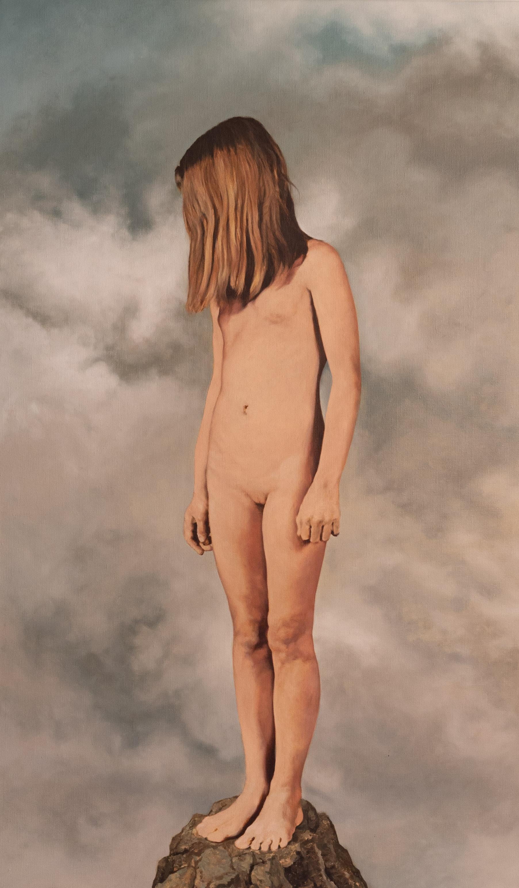 2020 - Oil on canvas portrait painting of a naked girl standing - Realist Painting by Jan De Lauré