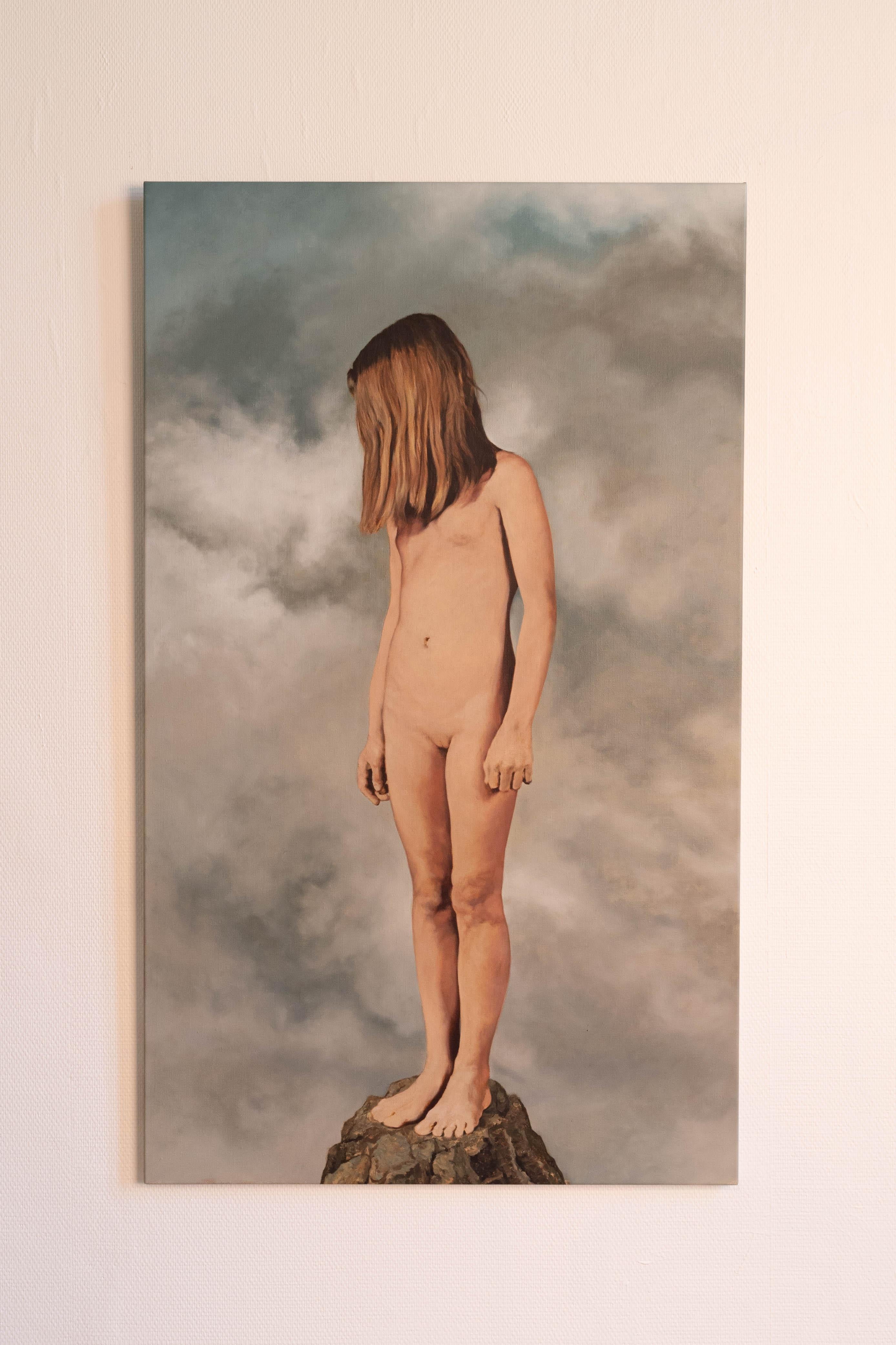 2020 - Oil on canvas portrait painting of a naked girl standing - Beige Nude Painting by Jan De Lauré