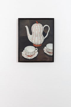 Still life painting of a tea pot and 2 cups, called 'Melone'