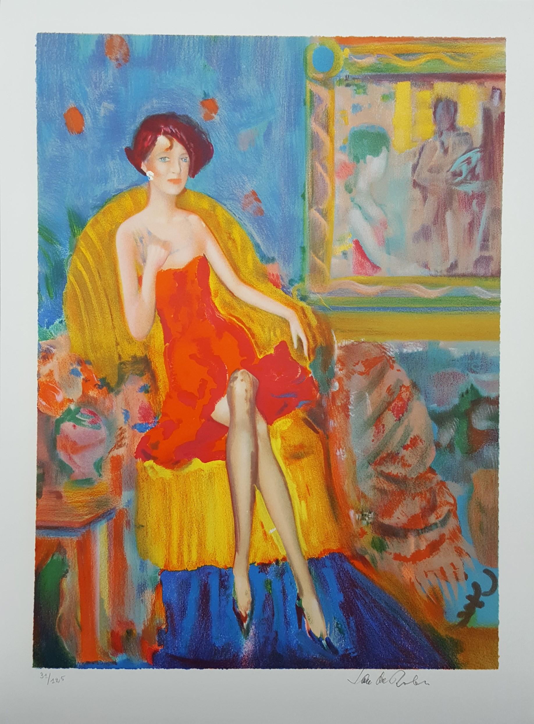 Un Soir a Paris /// Contemporary French Figurative Lady Woman Colorful Modern  - Print by Jan DeRola