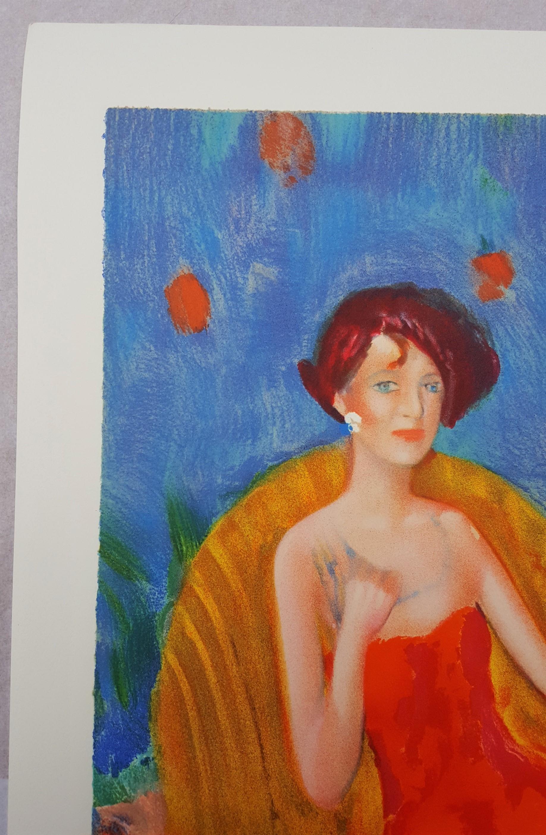 Un Soir a Paris /// Contemporary French Figurative Lady Woman Colorful Modern  (Braun), Figurative Print, von Jan DeRola