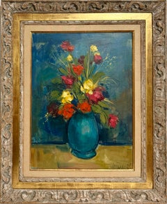 Czech American Floral Oil Painting Jan De Ruth Vibrant Modernist Flowers in Vase