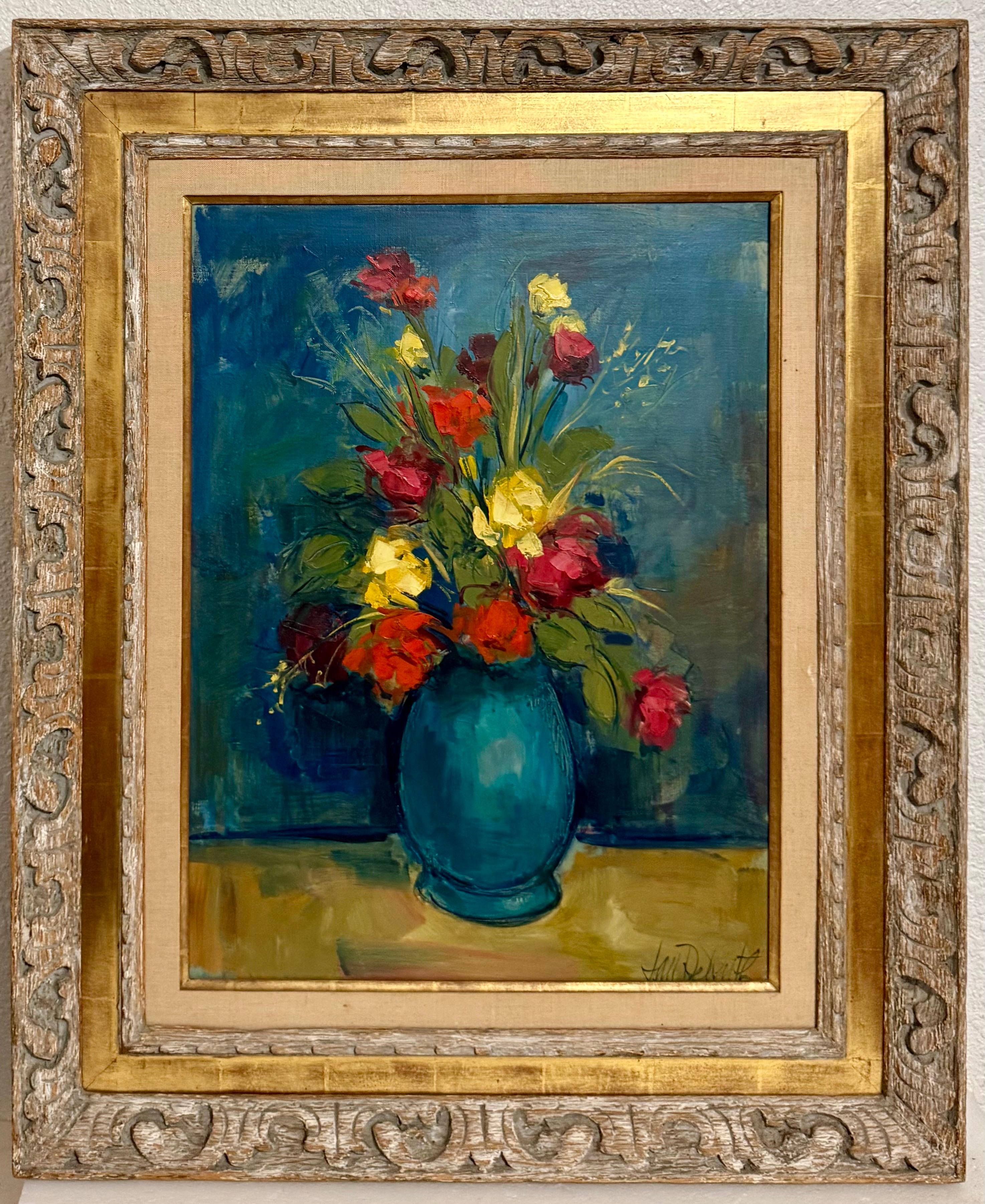 Peinture à l
huile florale tchéco-américaine Jan De Ruth Vibrant Modernist Flowers in Vase