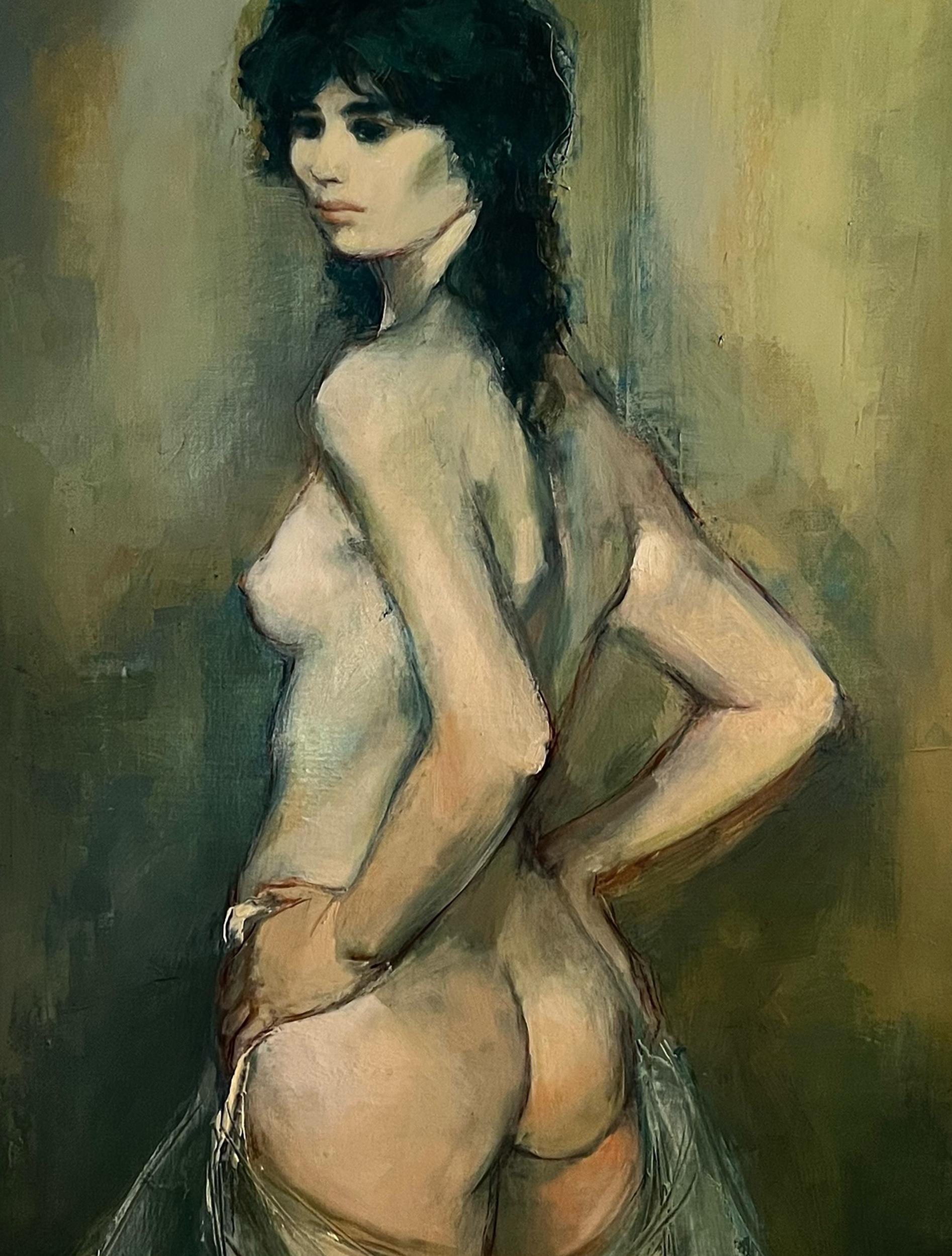 Jan de Ruth's Impressionist painting of a nude woman with her back to the viewer. She turns and looks over her shoulder, exposing her face and chest to us. The only garment she wears is a sheer drape of cloth held at her waist by her hands. This oil