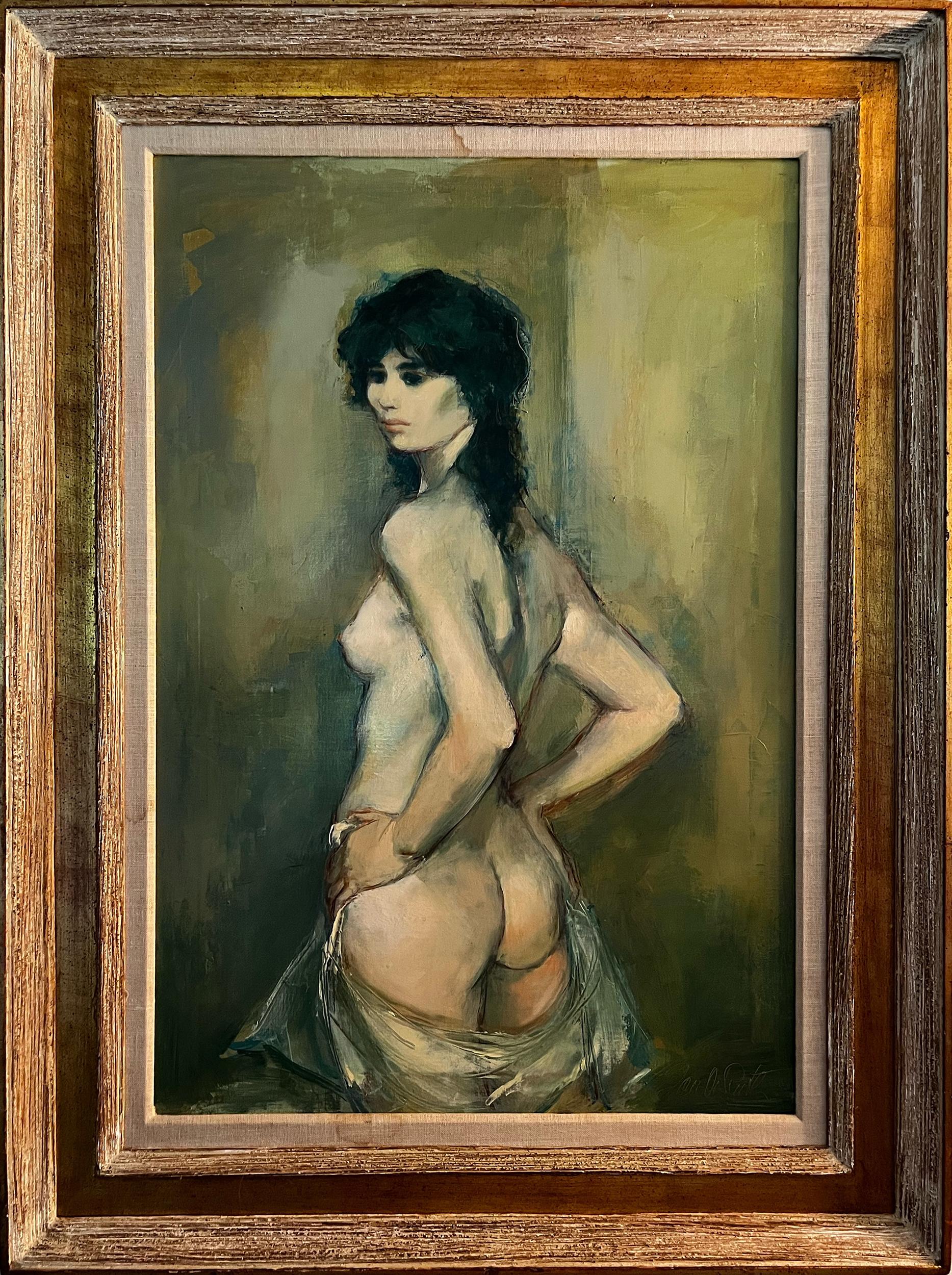 Das impressionistische Gemälde von Jan de Ruth zeigt eine nackte Frau, die dem Betrachter den Rücken zuwendet. Sie dreht sich um und schaut über ihre Schulter, so dass wir ihr Gesicht und ihre Brust sehen können. Das einzige Kleidungsstück, das sie