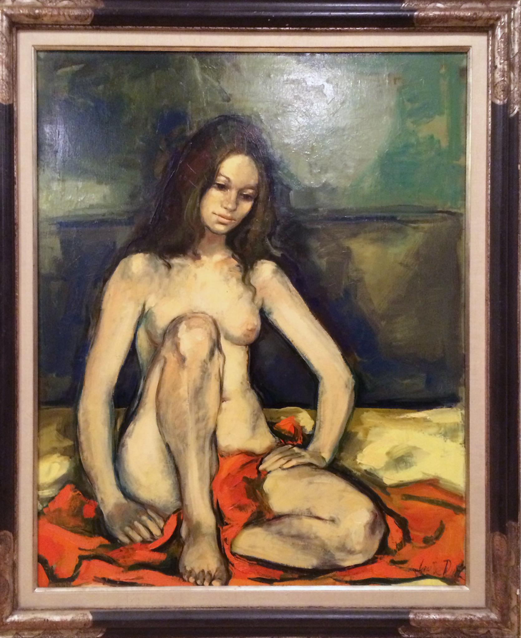 Jan De Ruth Nude Painting - Seated Nude with Orange Blanket, Oil Painting by Jan de Ruth