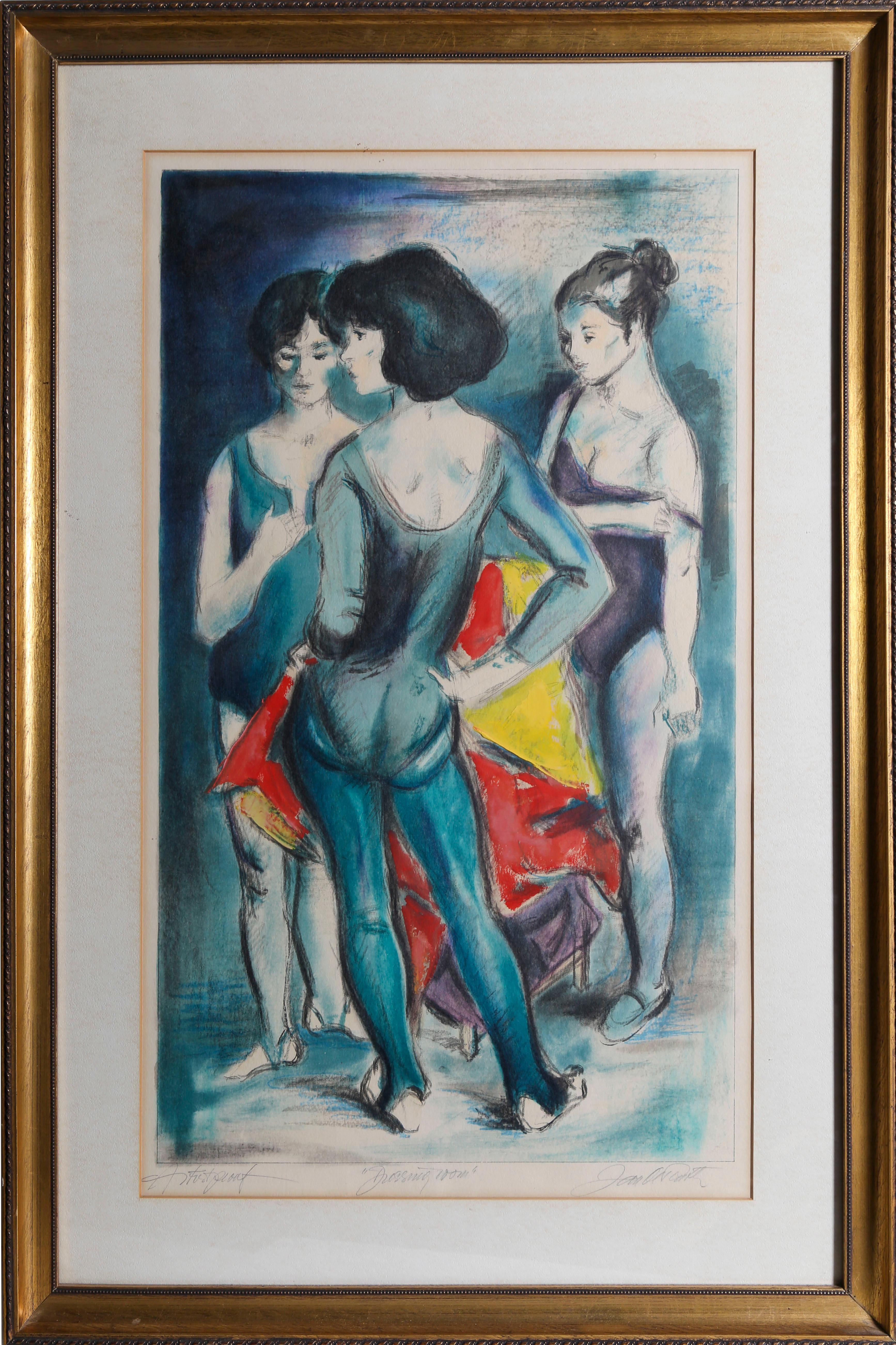 Standing in a circle, the three women in this print by Jan De Ruth wear leotards with tights as they try on costumes in a dressing room. Showing the behind-the-scenes action of a dance studio, this work demonstrates the artist's dexterity in