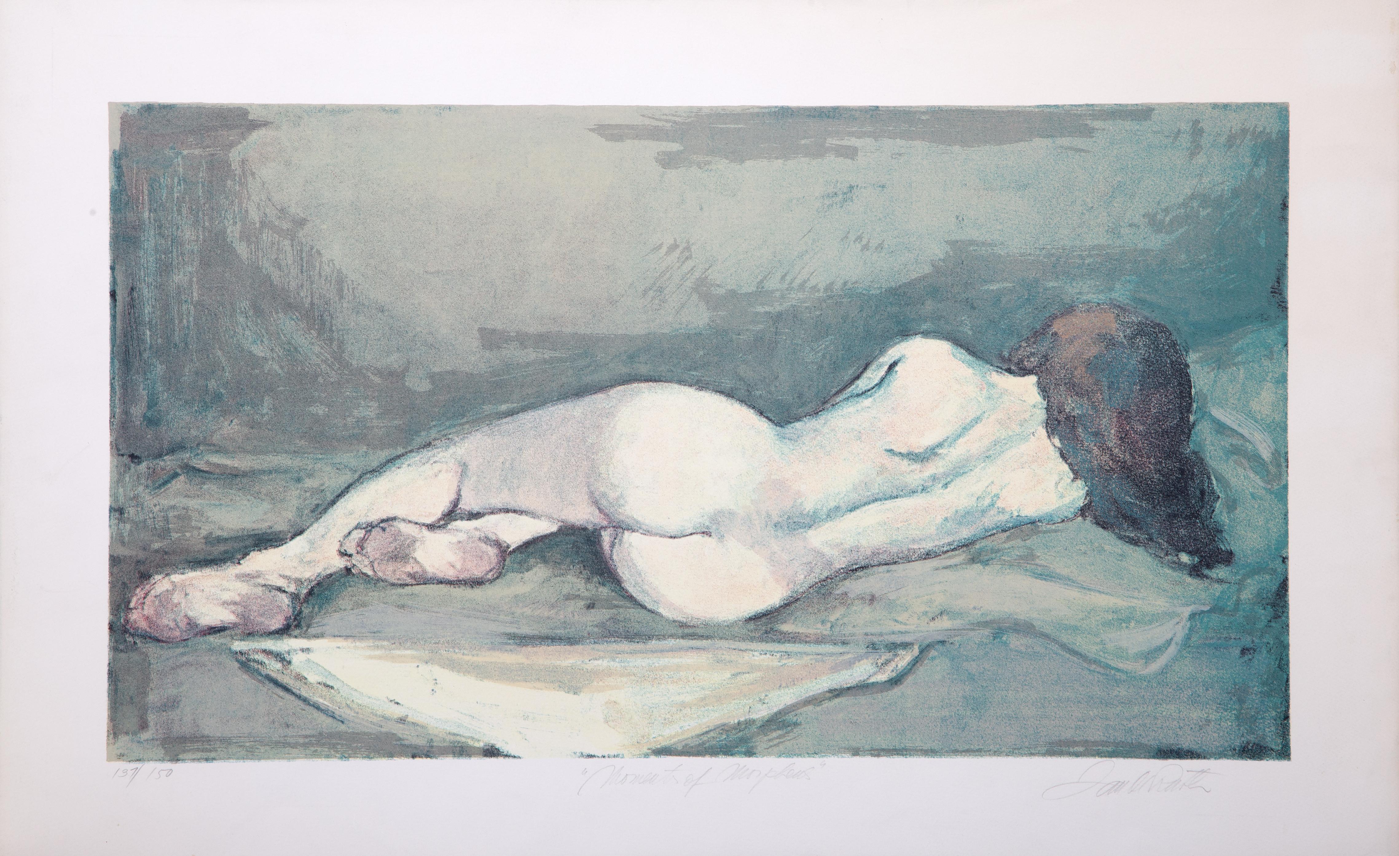 Moments de Morphée
Jan De Ruth, Tchèque (1922-1991)
Lithographie, signée, numérotée et titrée au crayon
Edition de 137/150
Taille de l'image : 18.5 x 33 pouces
Taille : 24.25 x 29.25 in. (61.6 x 74.3 cm)