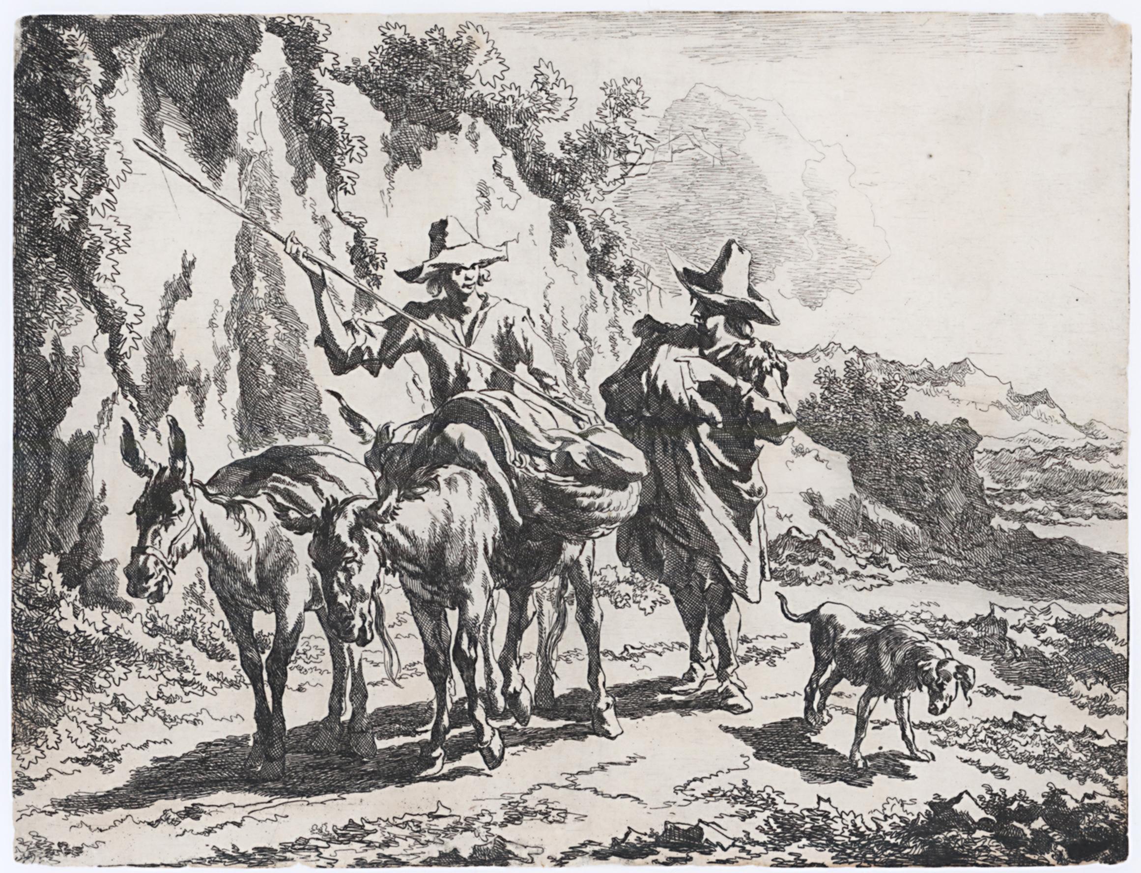 Jan de Visscher Figurative Print - Shepherd talking to a young shepherd on a donkey