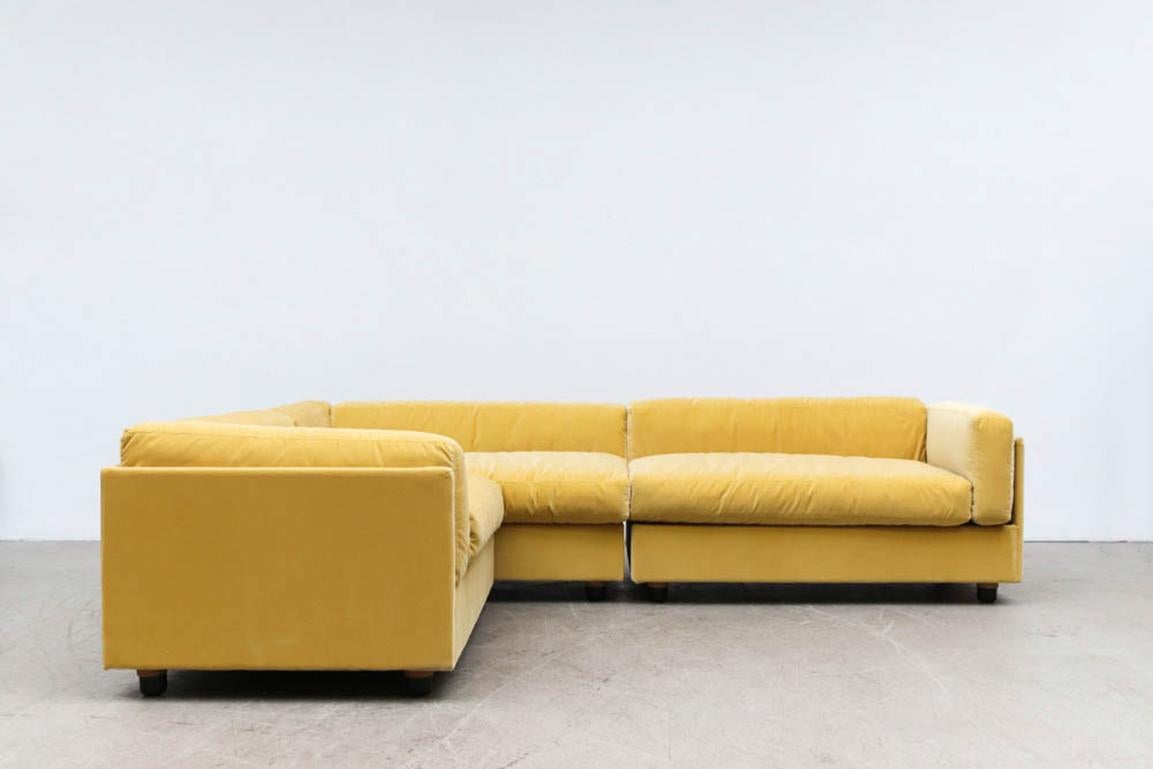 Stunning newly upholstered lemon yellow 3 piece velvet sectional sofa by Jan des Bouvries for Gelderland, 1970's. Wood feet have risers added from previous owner and can be removed. Each section measures: 50.25 x 32.5 x 22.