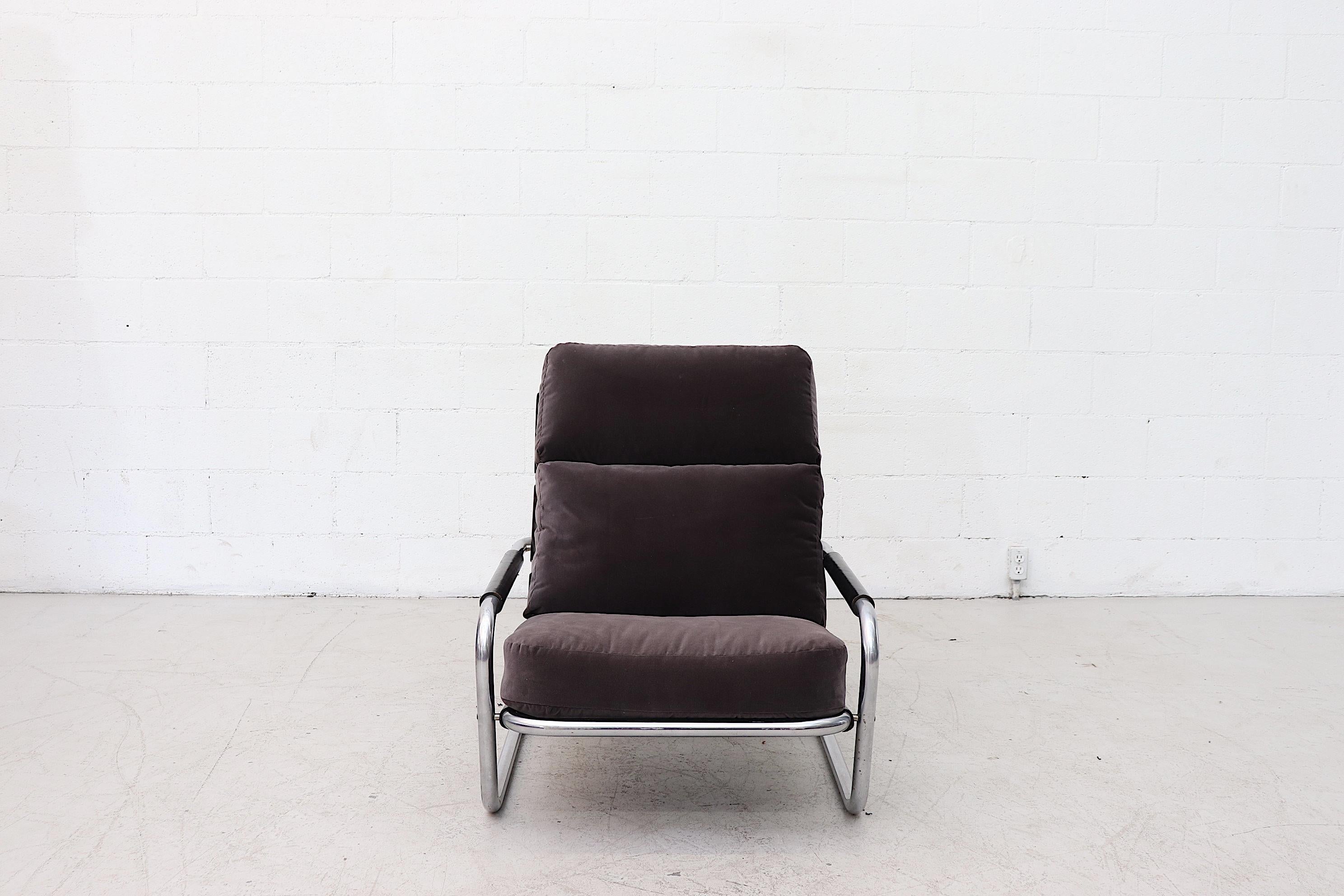 Jan des Bouvries masculine lounge chair newly upholstered dark grey velvet cushions with fat tubular chrome frame and black leather support. Thick leather wrapped arm rests in well worn black leather. Model number S601 also known as the 