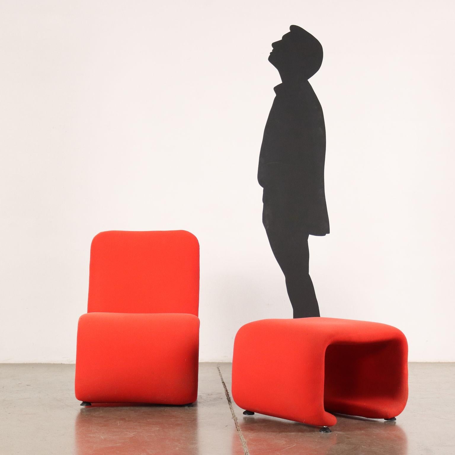 Space age armchair with footrest made of metal tubing, polyurethane and upholstered in original red fabric.