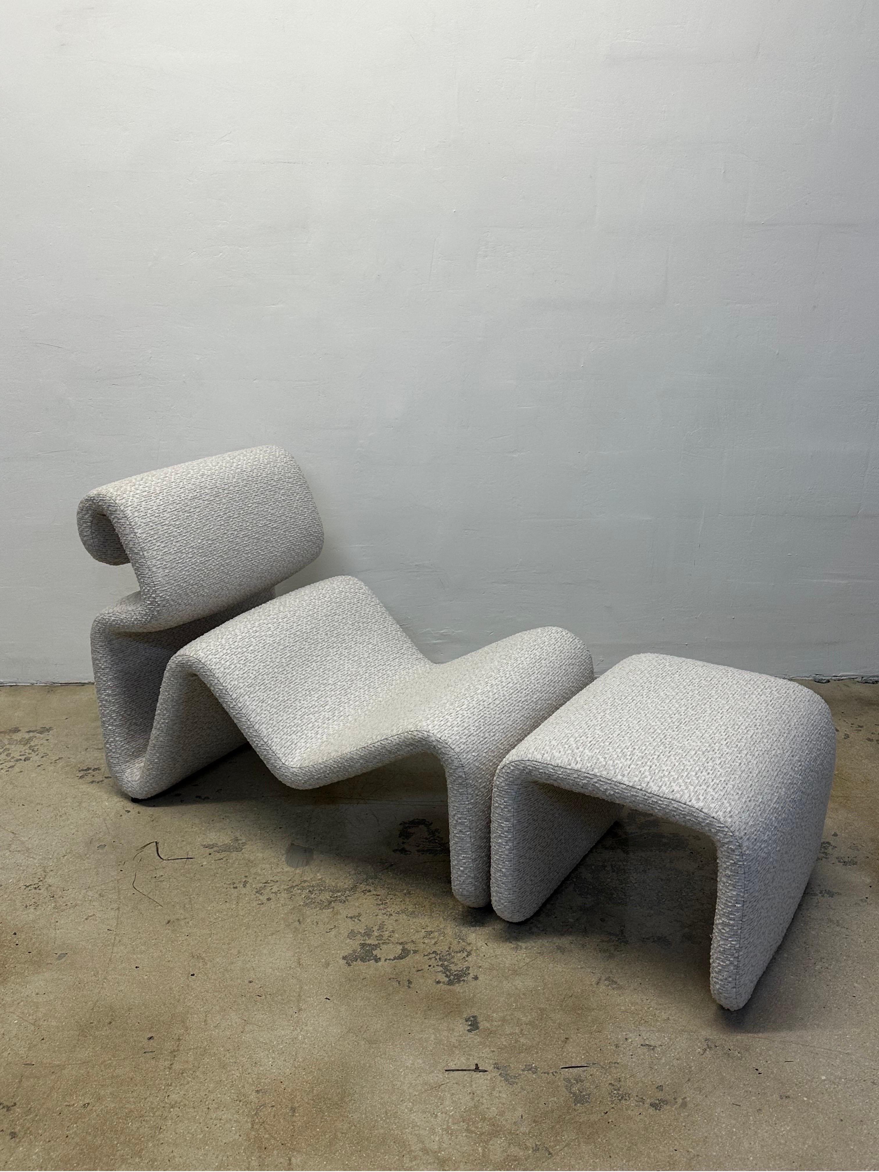 Mid-Century Etcetera lounge chair and footrest designed by Jan Ekselius for JOC Sweden, 1970s.  Recently upholstered by original owner in a high-end textured off-white cotton fabric and new foam.

Dimensions
Chair : W24” D43” H31”
Footrest: W24”