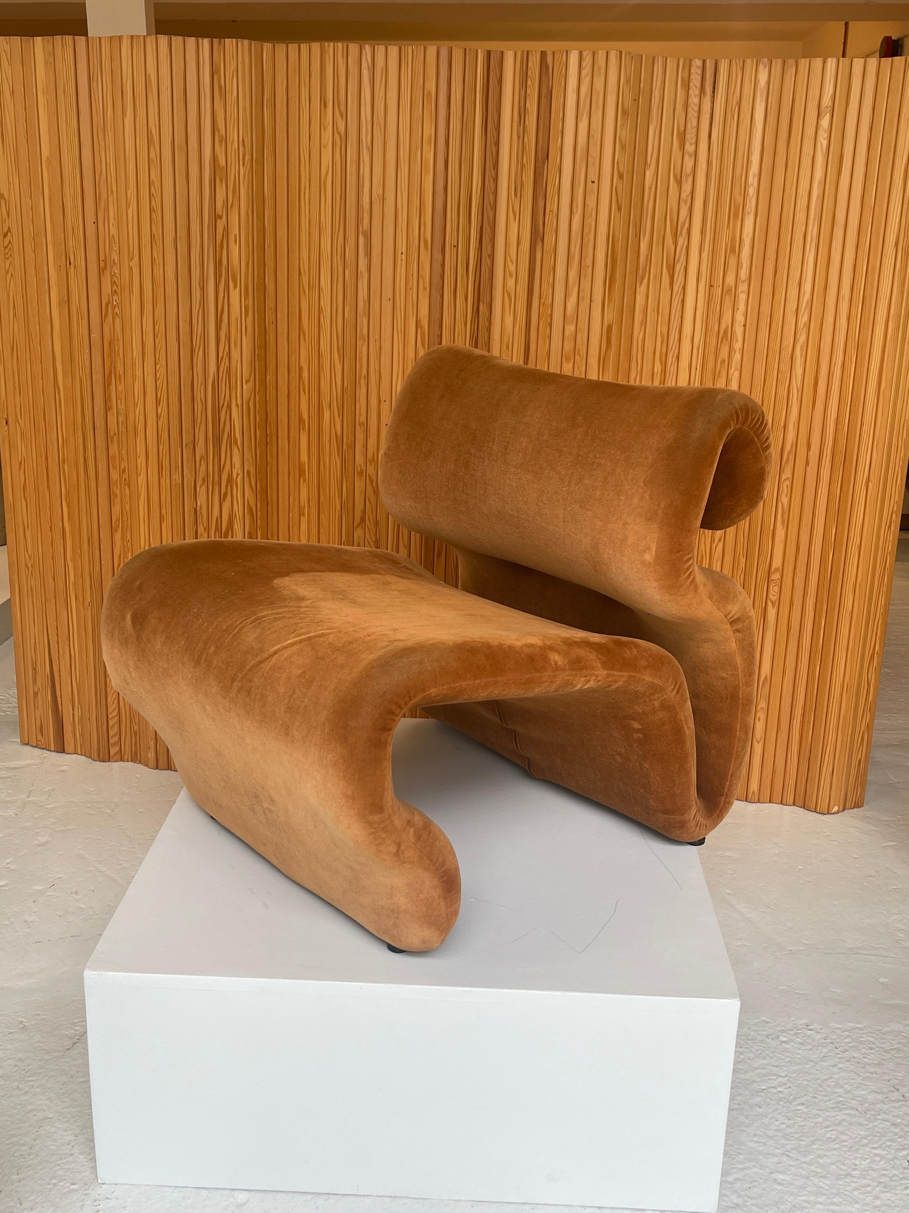 These two 'Etcetera' easy chairs were designed in 1970 by Jan Ekselius for J. O. Carlsson, Vetlanda. They retain the original zip-off upholstered cover in copper velvet and as they are antiques have some visible wear.

Price reflects both chairs and