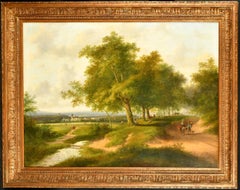 Travellers in Wooded River Landscape - Large 19th Century Antique Dutch Painting