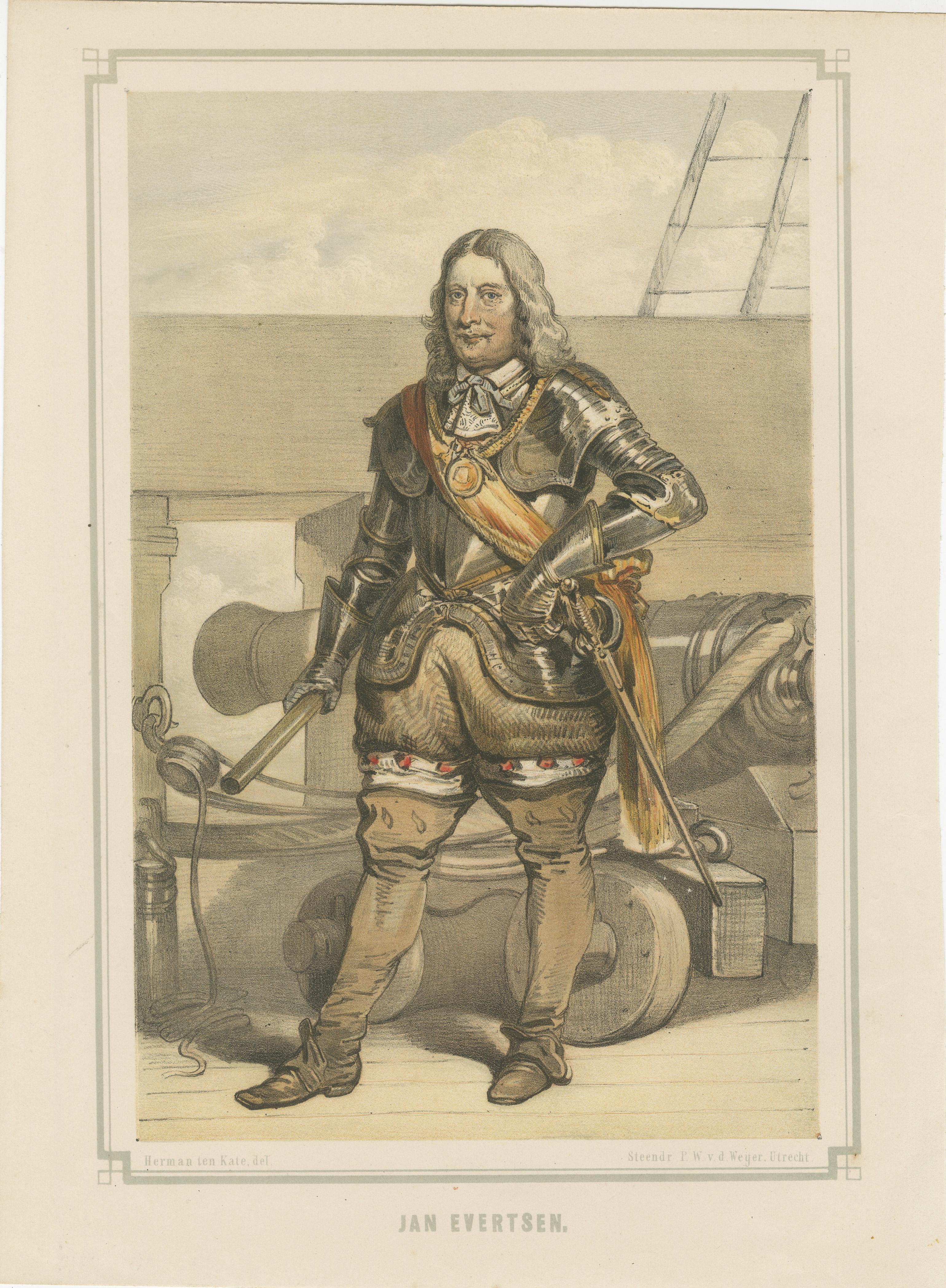 Jan Evertsen – Dutch Admiral in Battle Dress, 19th-Century Hand-Colored Lithograph

This 19th-century hand-colored lithograph portrays Jan Evertsen, a prominent admiral in the Dutch navy during the seventeenth century. Born in 1600 in Vlissingen,