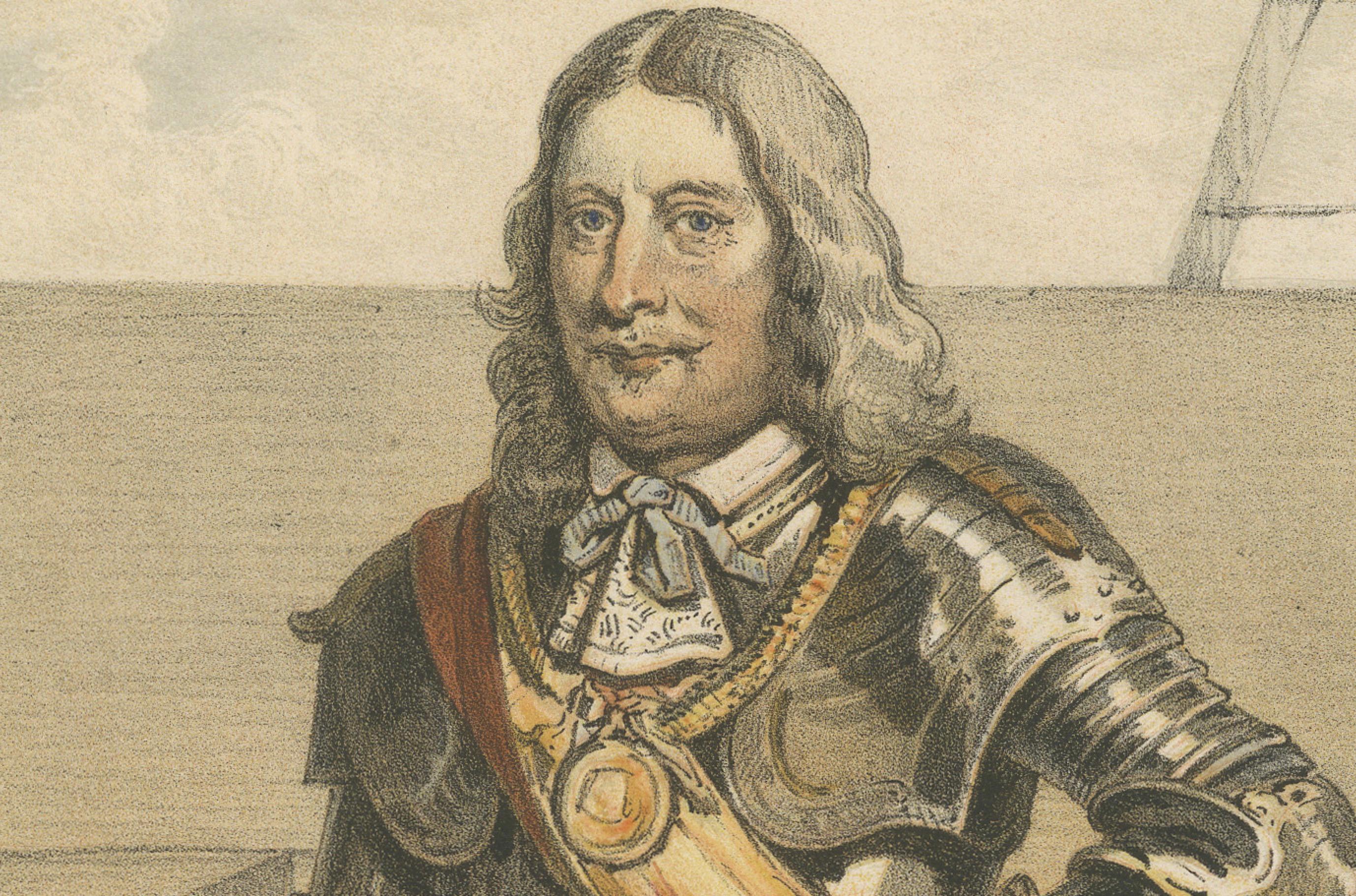 Paper Jan Evertsen – Dutch Admiral in Battle Dress, Hand-Colored Lithograph, ca.1850 For Sale