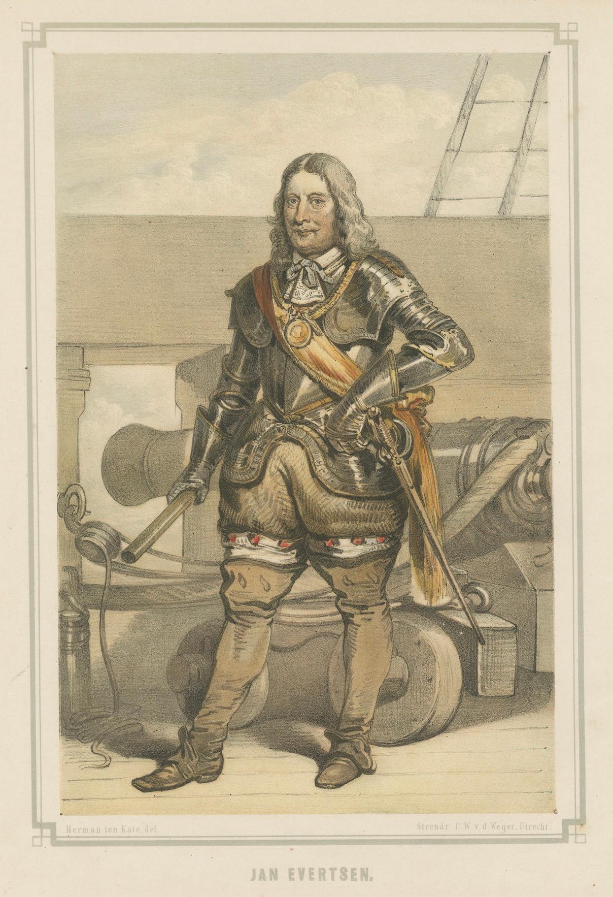 Jan Evertsen – Dutch Admiral in Battle Dress, Hand-Colored Lithograph, ca.1850 For Sale 2