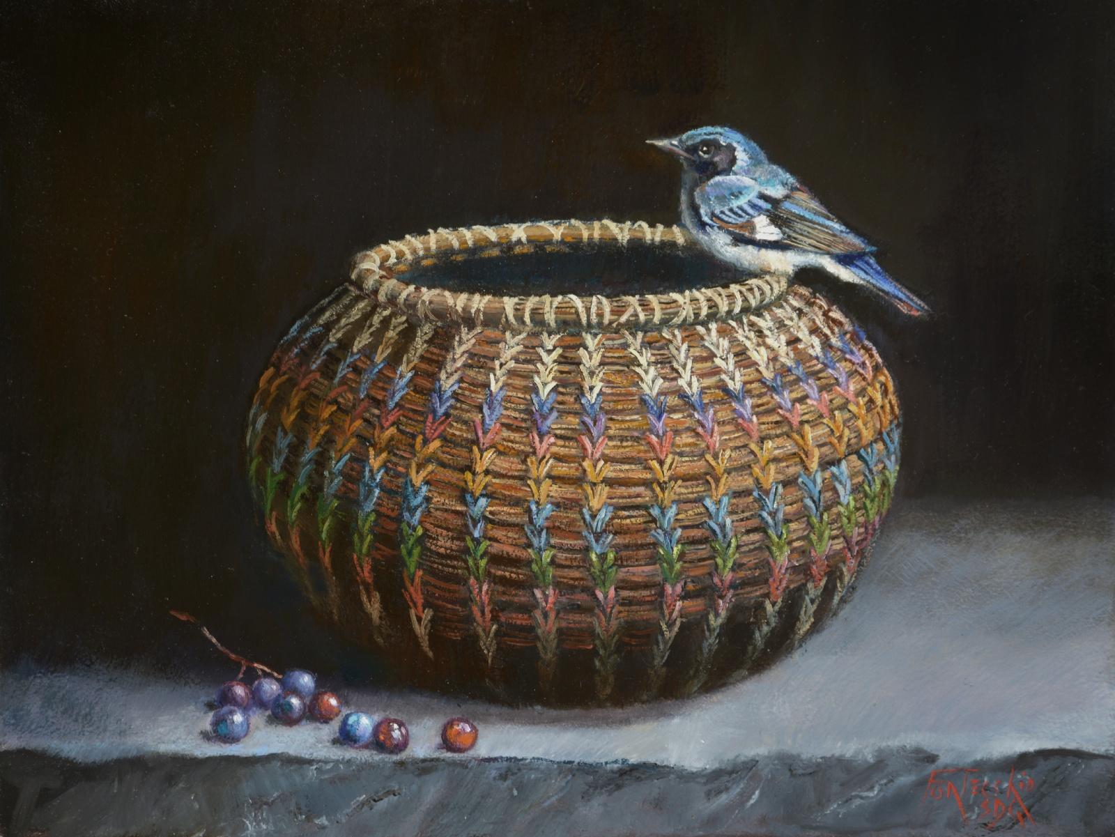 Jan Fontecchio Animal Painting – Sweetgrass-Korb, Muscadine- Trauben und schwarz gefärbter Warbler