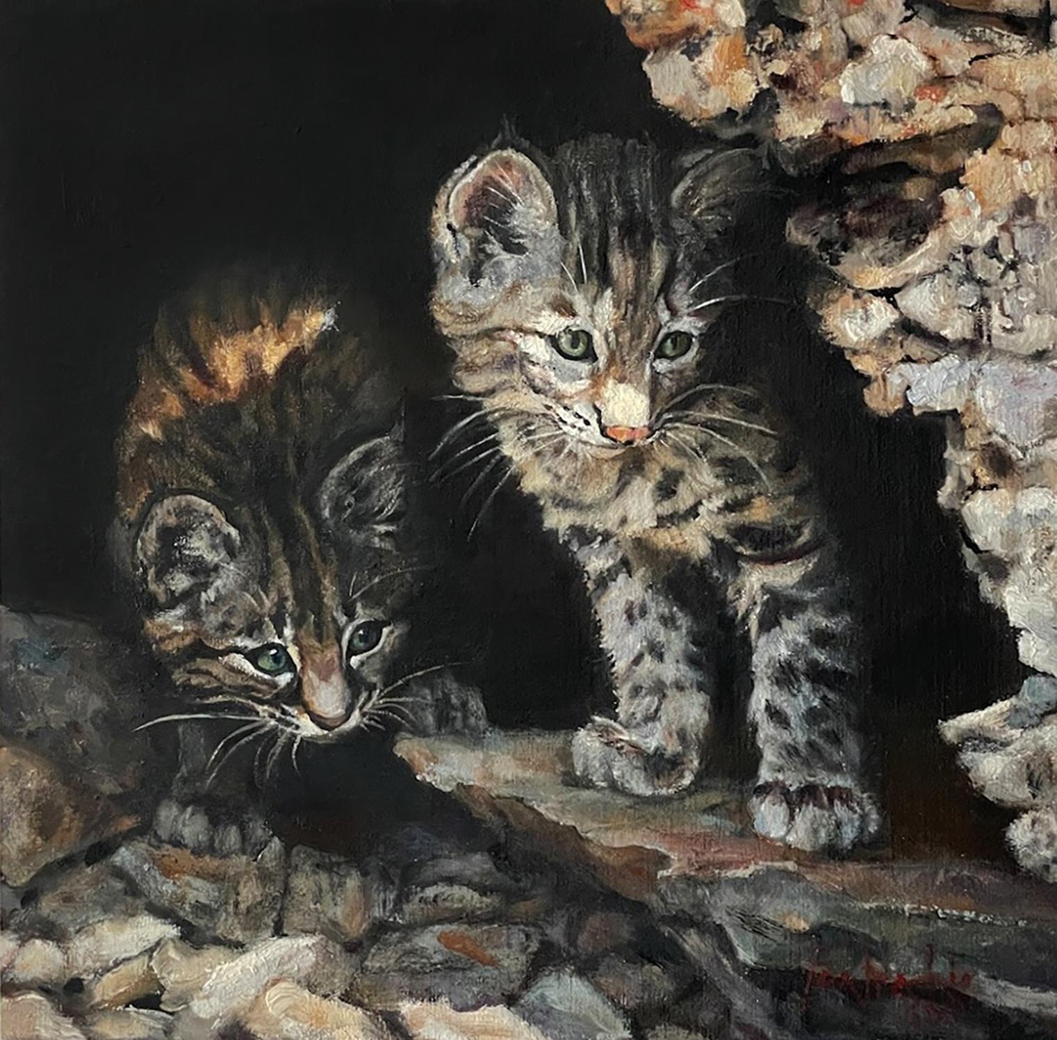 Jan Fontecchio Perley Animal Painting - Bobcat Kits, Oil Painting