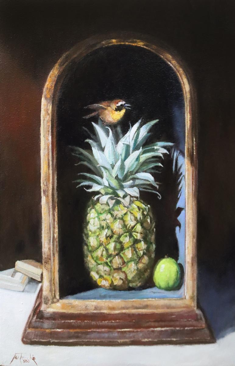 Pineapple and Yellow-Throated Warbler Oil Painting, 21st Century