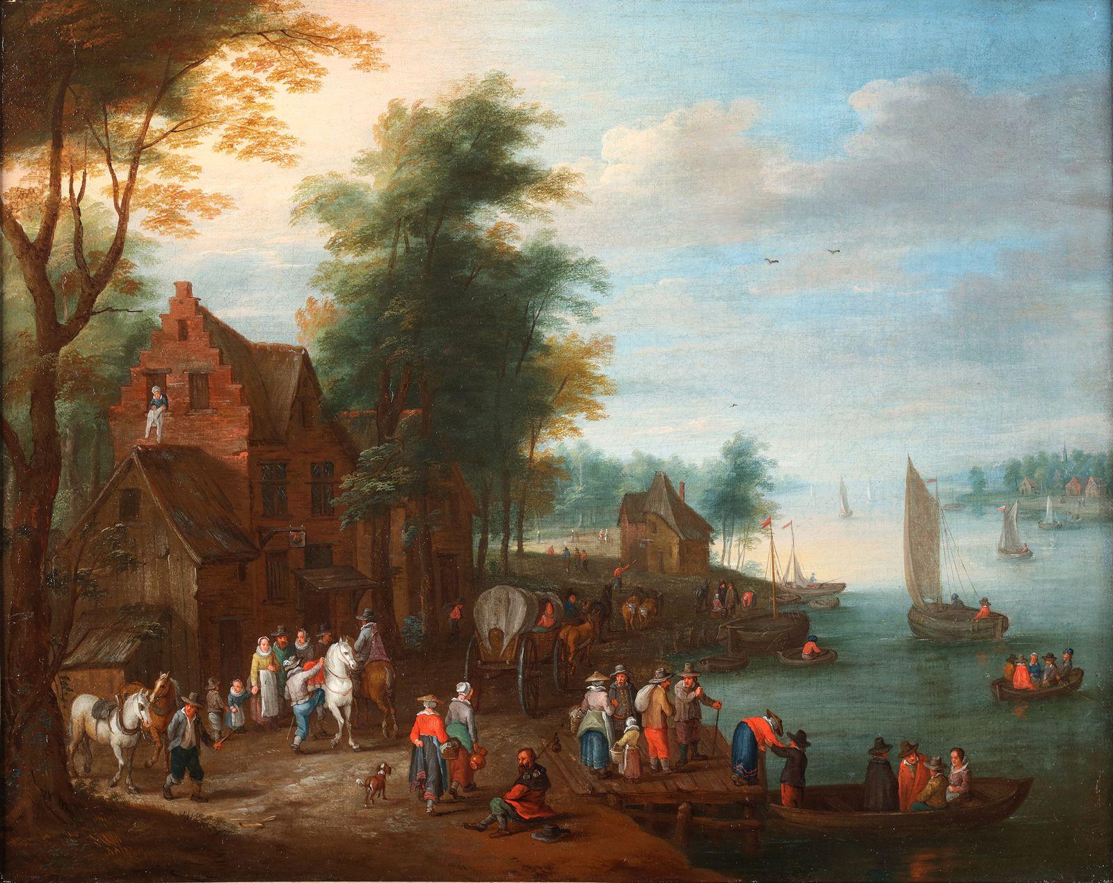 An animated village near the river - Painting by Jan-Frans Beschey