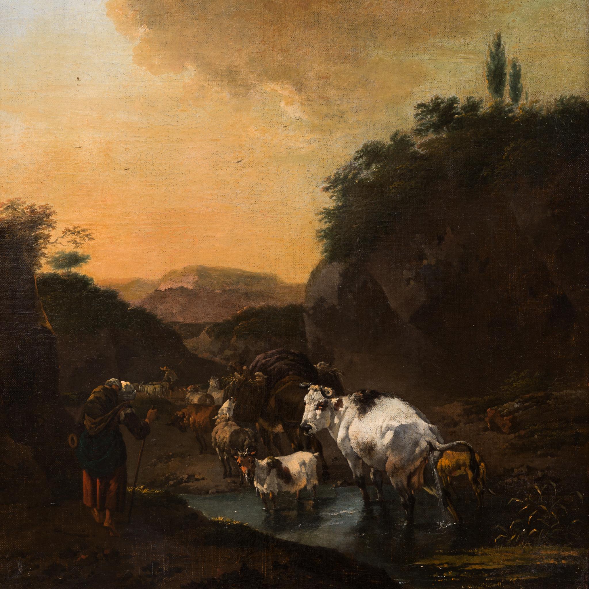 This painting depicts a pastoral scene that is attributed to the artist Jan Frans Soolmaker, an artist known for his Italianate landscapes and scenes that often feature equestrian and Arcadian elements. The painting is not signed but is attributed