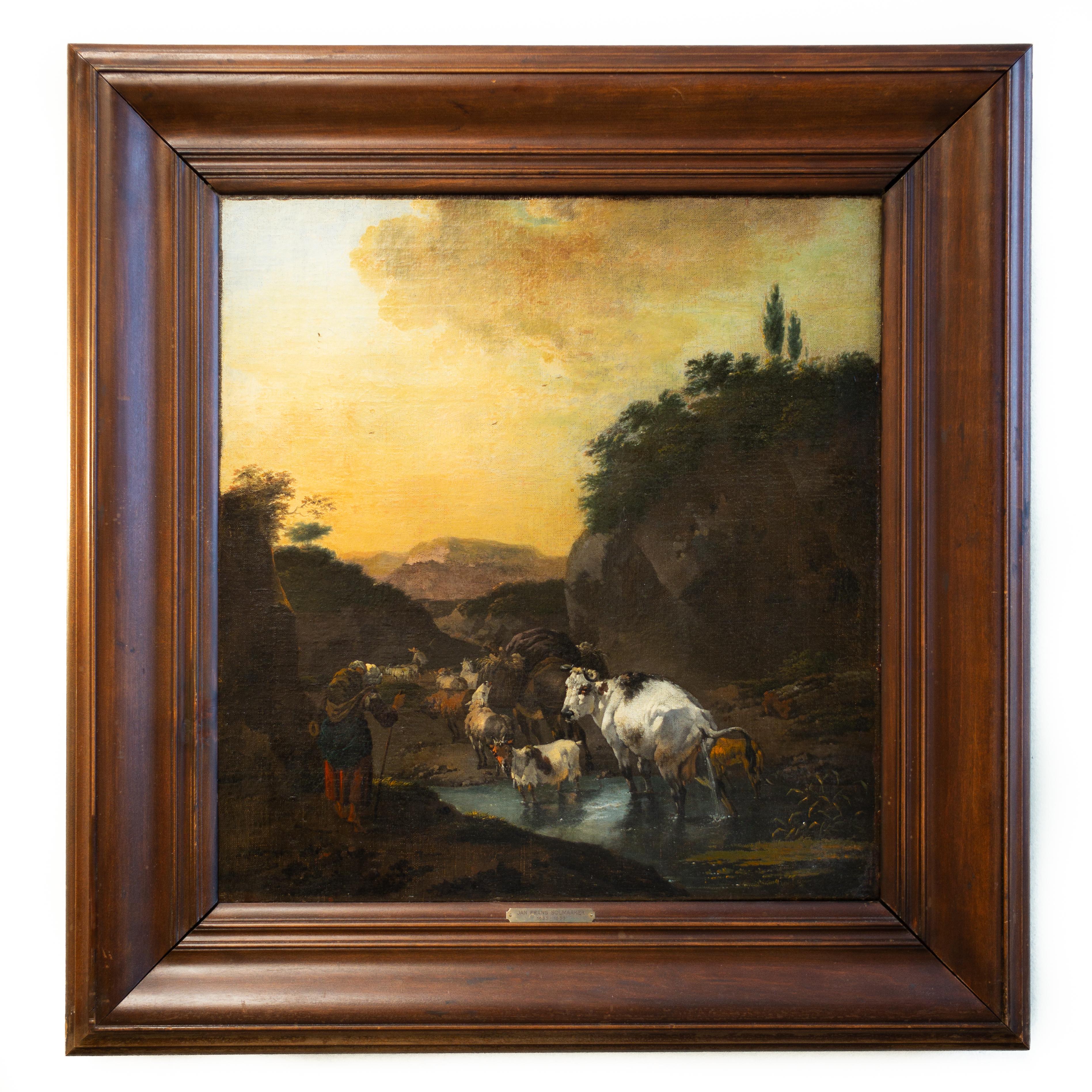 Hirte mit Schafen, Kühen und einer Ziege in einer Landschaft von Jan Frans Soolmaker im Angebot 1