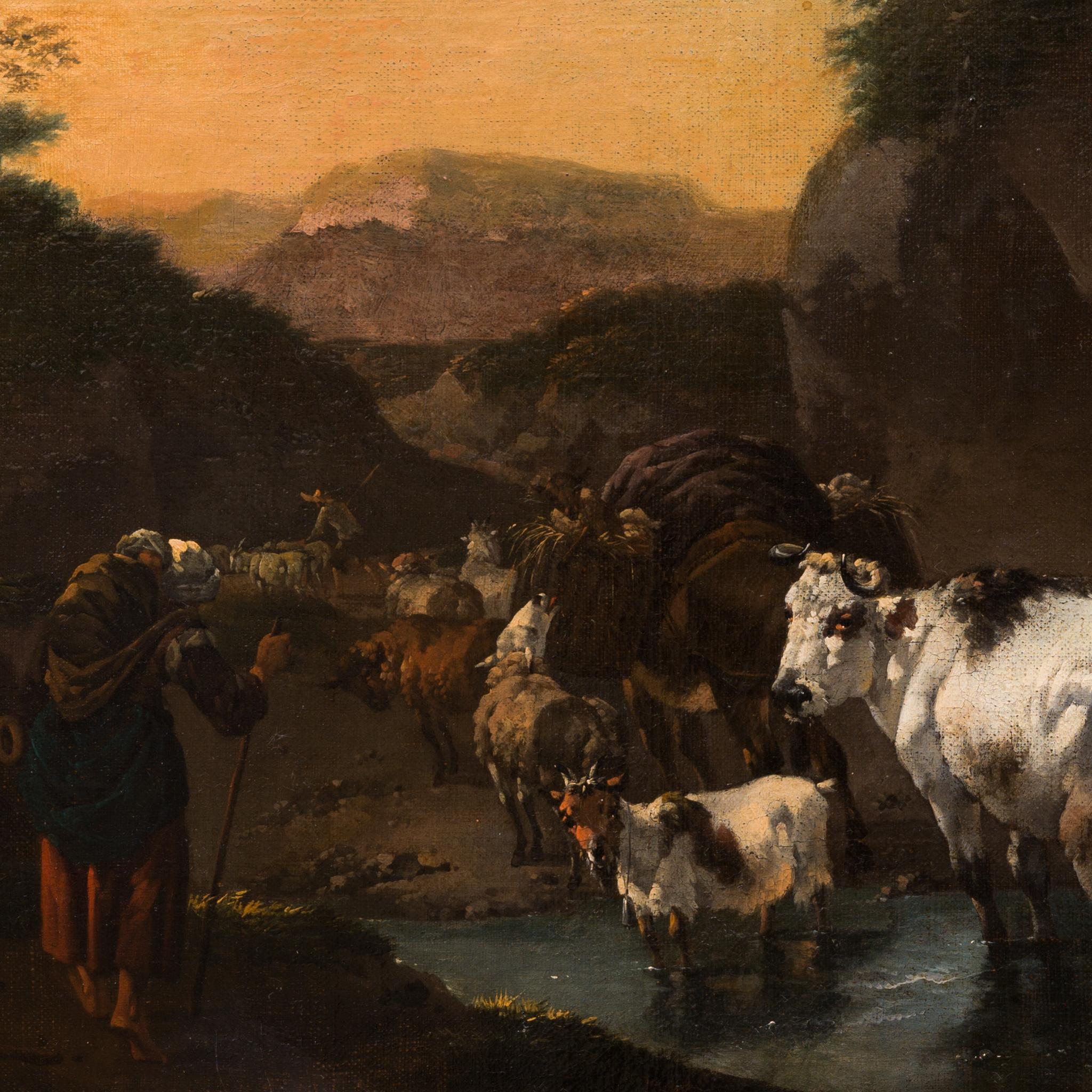 Shepherd with Sheep, Cows and a Goat in a Landscape by Jan Frans Soolmaker For Sale 1