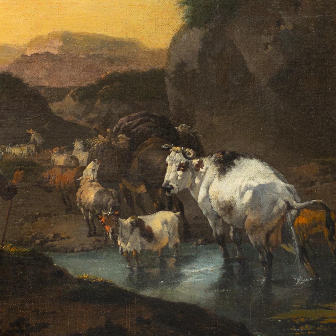 Shepherd with Sheep, Cows and a Goat in a Landscape by Jan Frans Soolmaker For Sale 1