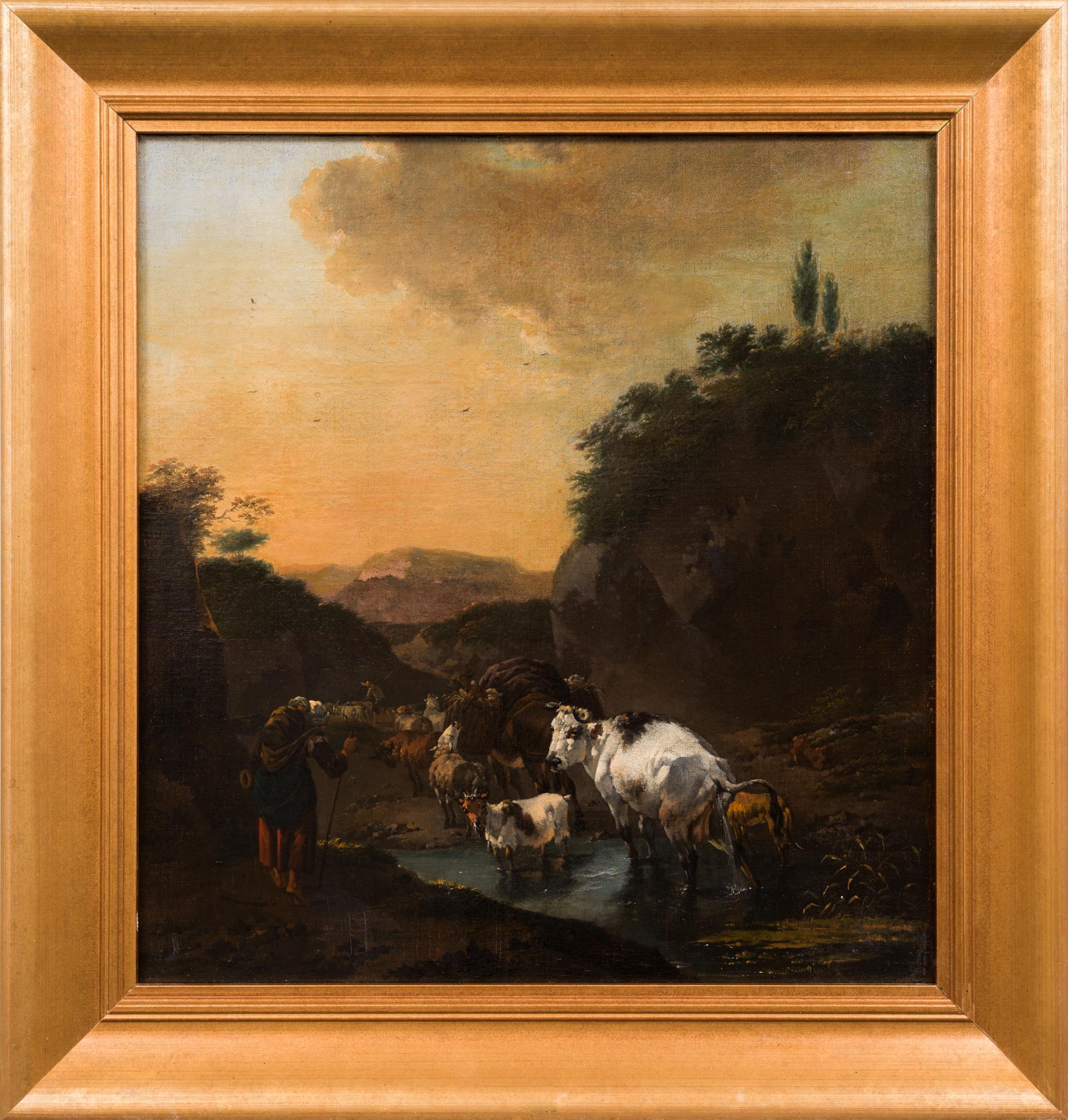 Berger avec des moutons, des vaches et une chèvre dans un paysage par Jan Frans Soolmaker