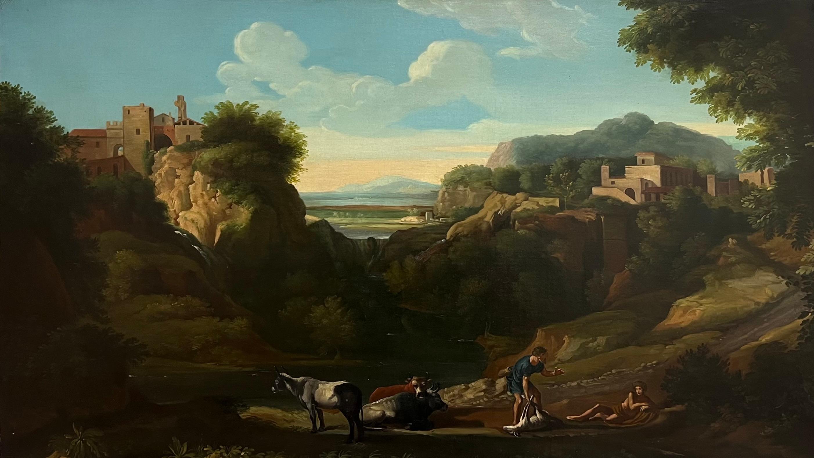 Feine 18. Jahrhundert Italienisch Klassisch Riesige Ölgemälde Figuren Tiere Landschaft – Painting von Jan Frans van Bloemen (Orizzonte)