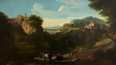 Fino óleo clásico italiano del siglo XVIII Figuras Animales Paisaje