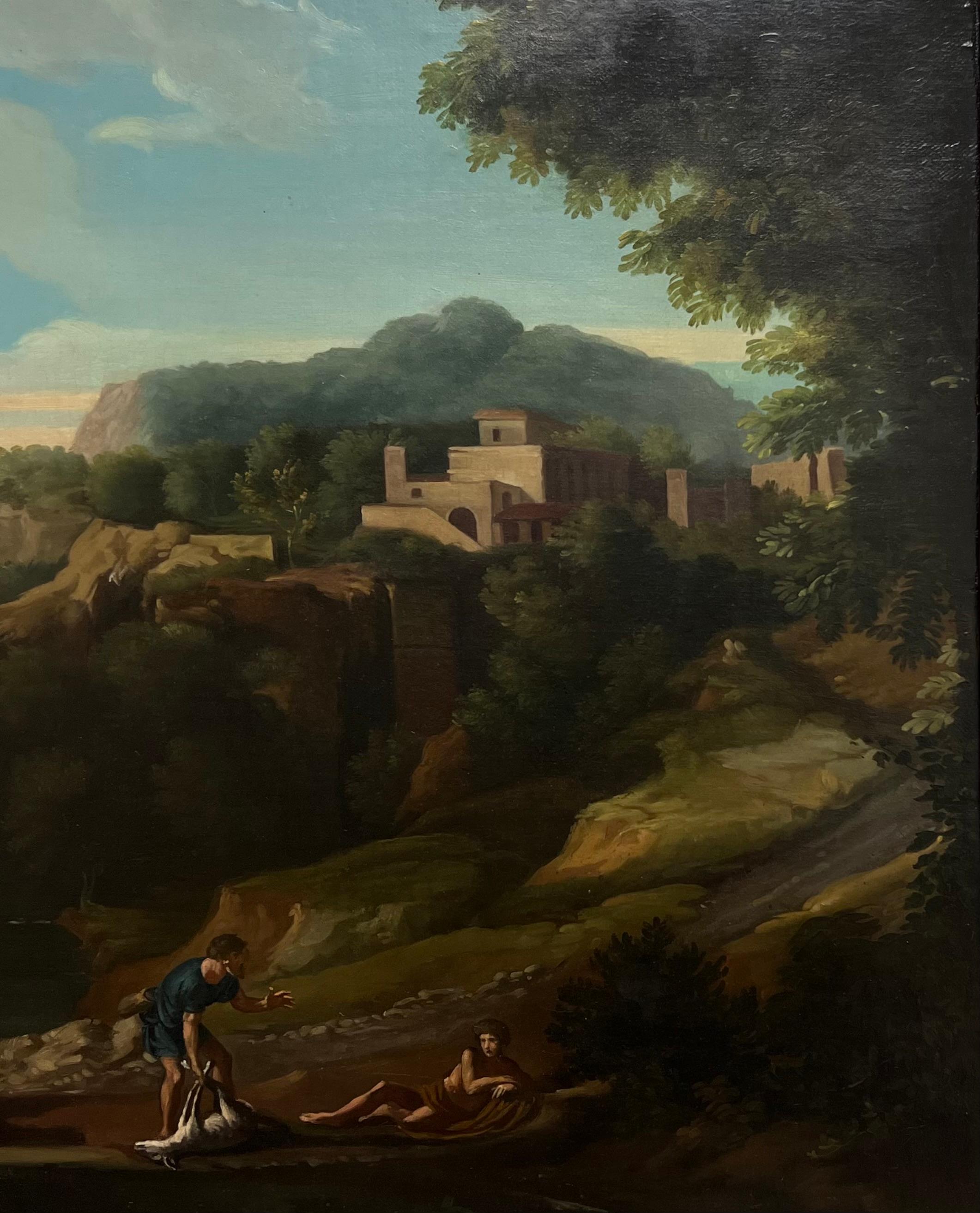 Feine 18. Jahrhundert Italienisch Klassisch Riesige Ölgemälde Figuren Tiere Landschaft (Braun), Figurative Painting, von Jan Frans van Bloemen (Orizzonte)