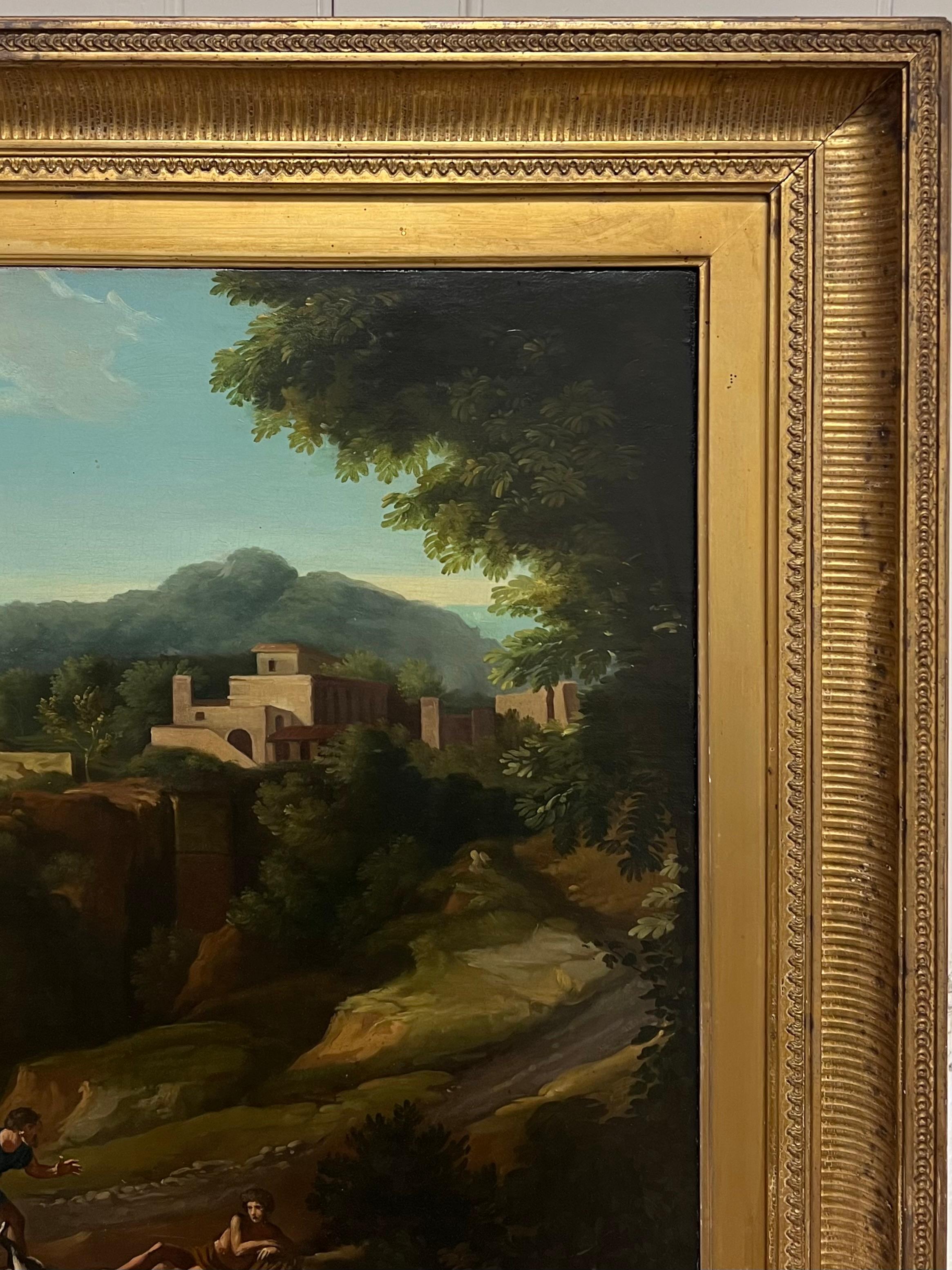 Figuren und Tiere in der klassischen Landschaft
Kreis von Jans Frans Van Bloemen (Orizzonte 1662 - 1749)
Öl auf Leinwand, gerahmt 
Gerahmt: 28,5 x 42,5 Zoll
Leinwand: 19 x 34 Zoll
Provenienz: Privatsammlung, England
Condit: sehr guter Zustand

Für