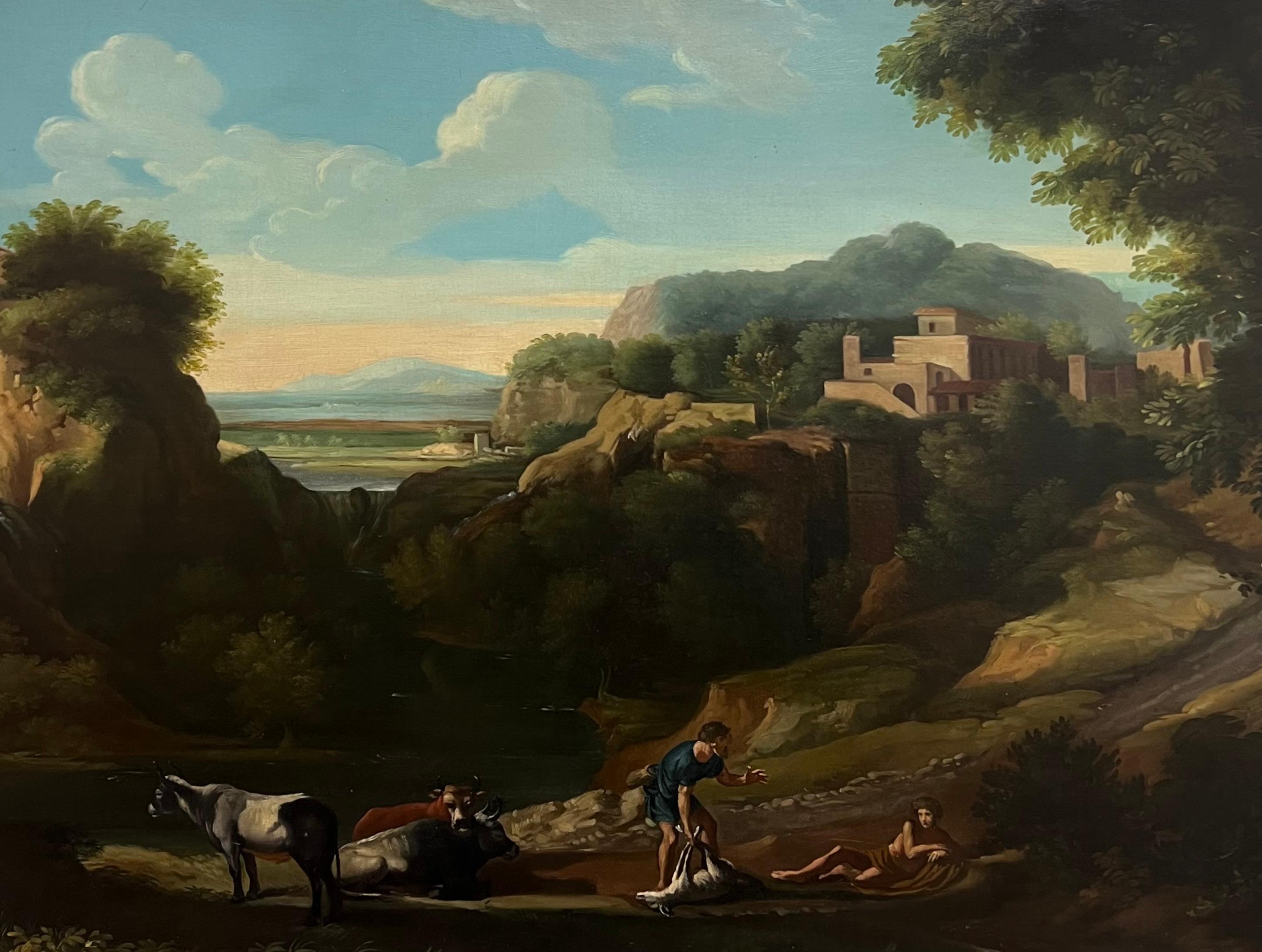 Feine 18. Jahrhundert Italienisch Klassisch Riesige Ölgemälde Figuren Tiere Landschaft im Angebot 3