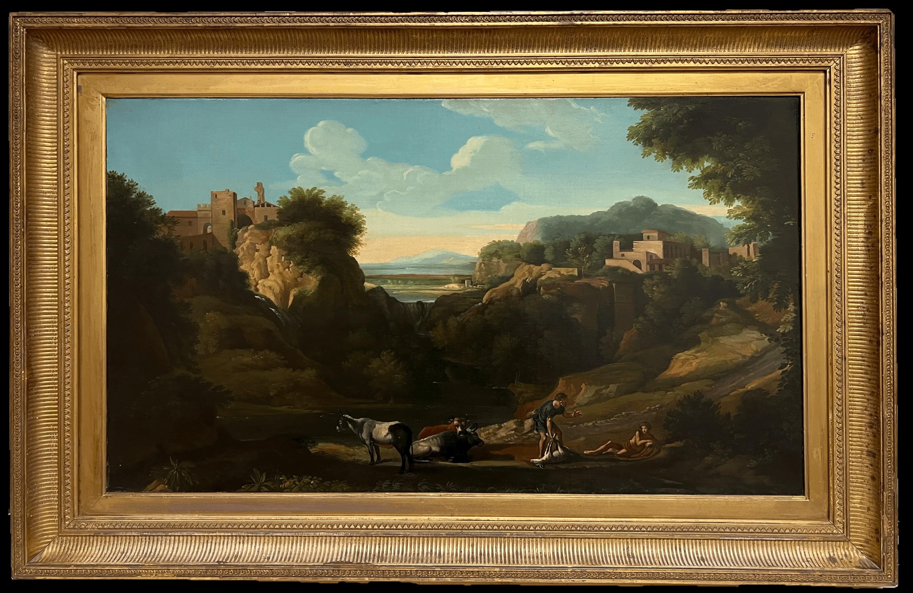 Fine 18th Century Italian Classical Huge Oil Painting Figures Animals Landscape