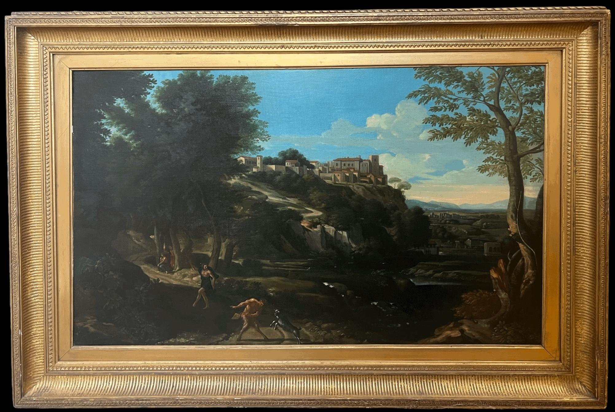 Belle peinture à l
huile classique italienne du 18e siècle Figures Animaux Paysage