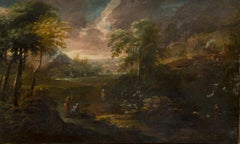 Immense peinture à l'huile flamande des années 1700 Paysage classique avec figures