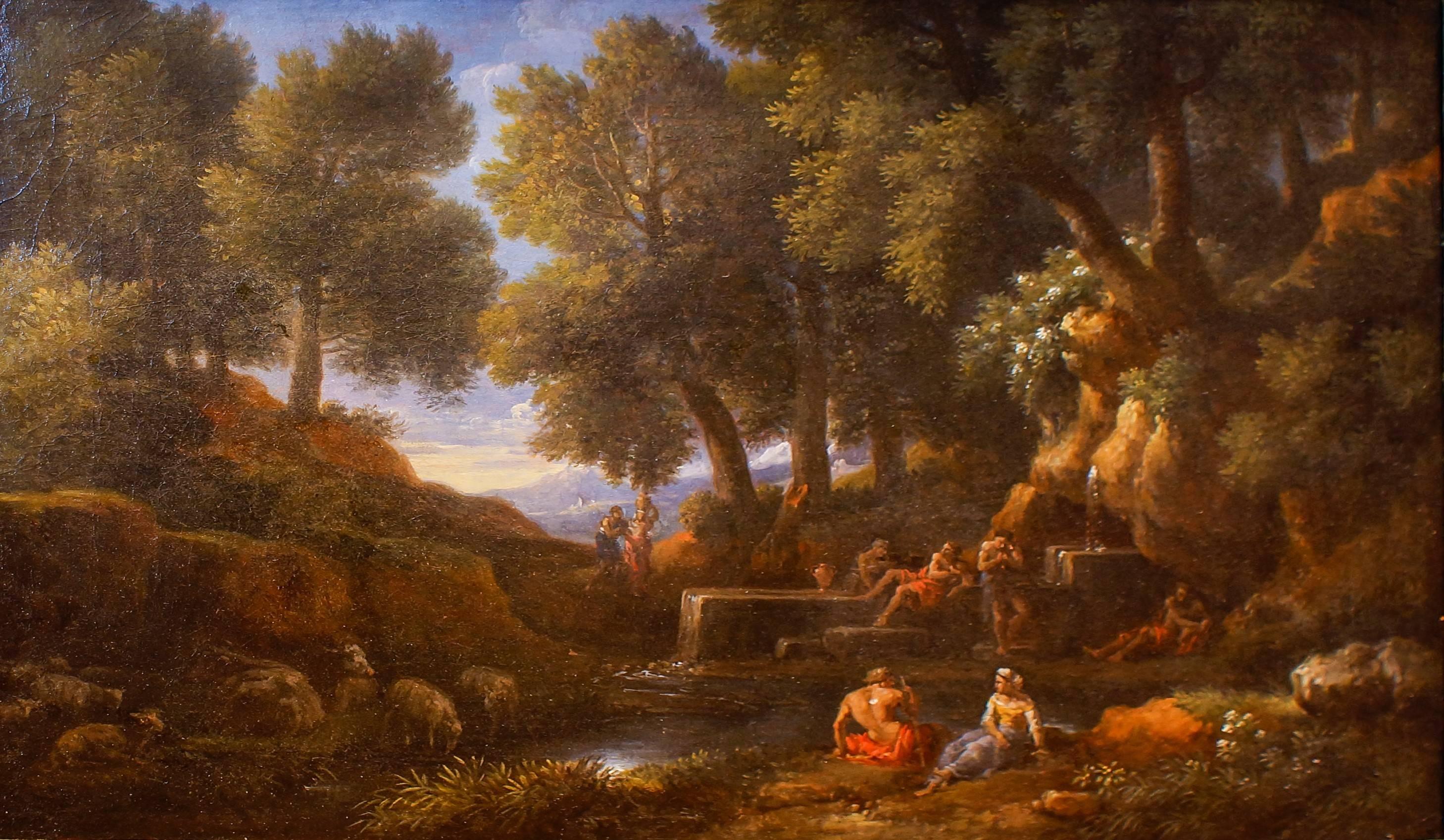 Jan Frans van Bloemen (Orizzonte) Landscape Painting - Wooden Landscape with Shepherds, Fountain and Flock - by Jan Frans van Bloemen