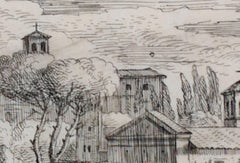 17th century etching black and white figurative landscape cityscape buildings